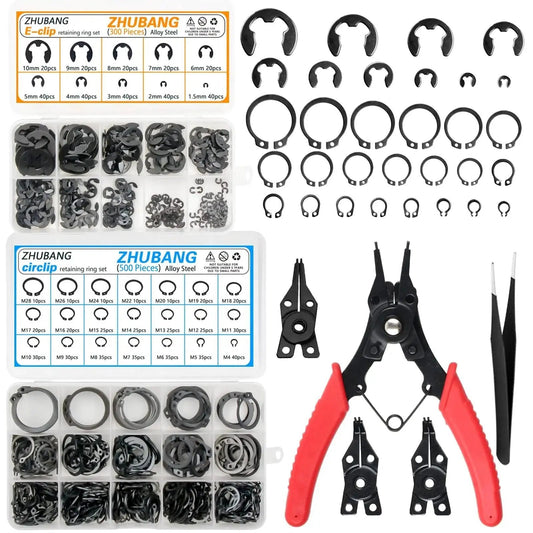 All In One C Clip And E Clip Retaining Ring Kit With 800 Pieces External Circlip Assortment M4 To M28 And One Point Five To Ten Mm Sizes