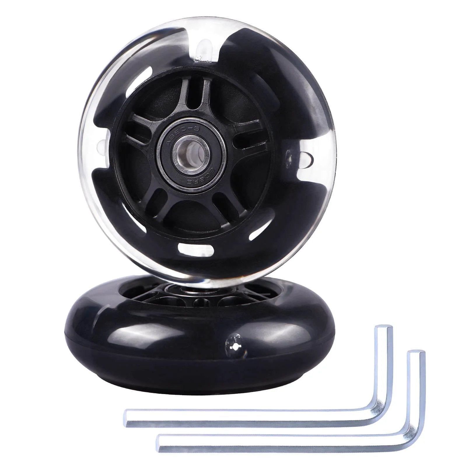 80mm Light Up Scooter Rear Wheels 2 Pack with Bearings Polyurethane LED Inline Skate Replacement Wheels Black, with tools