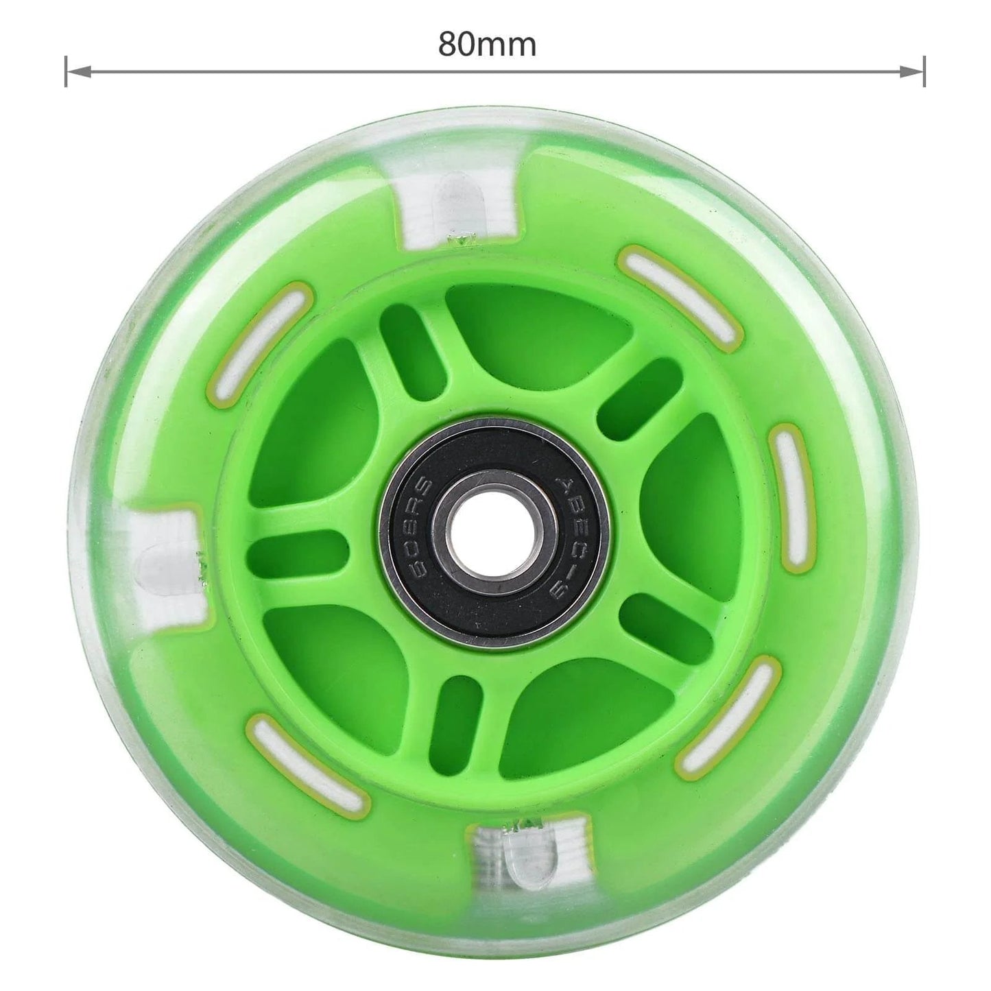 Close-up of green 80mm Light Up Scooter Rear Wheel with bearings and polyurethane LED for inline skate replacement.