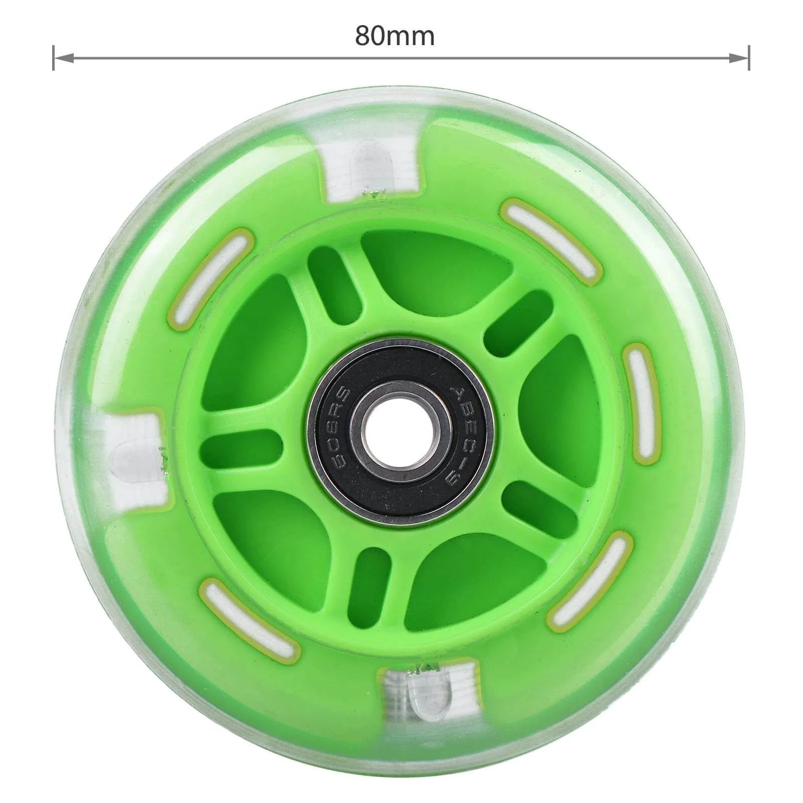 Close-up of green 80mm Light Up Scooter Rear Wheel with bearings and polyurethane LED for inline skate replacement.