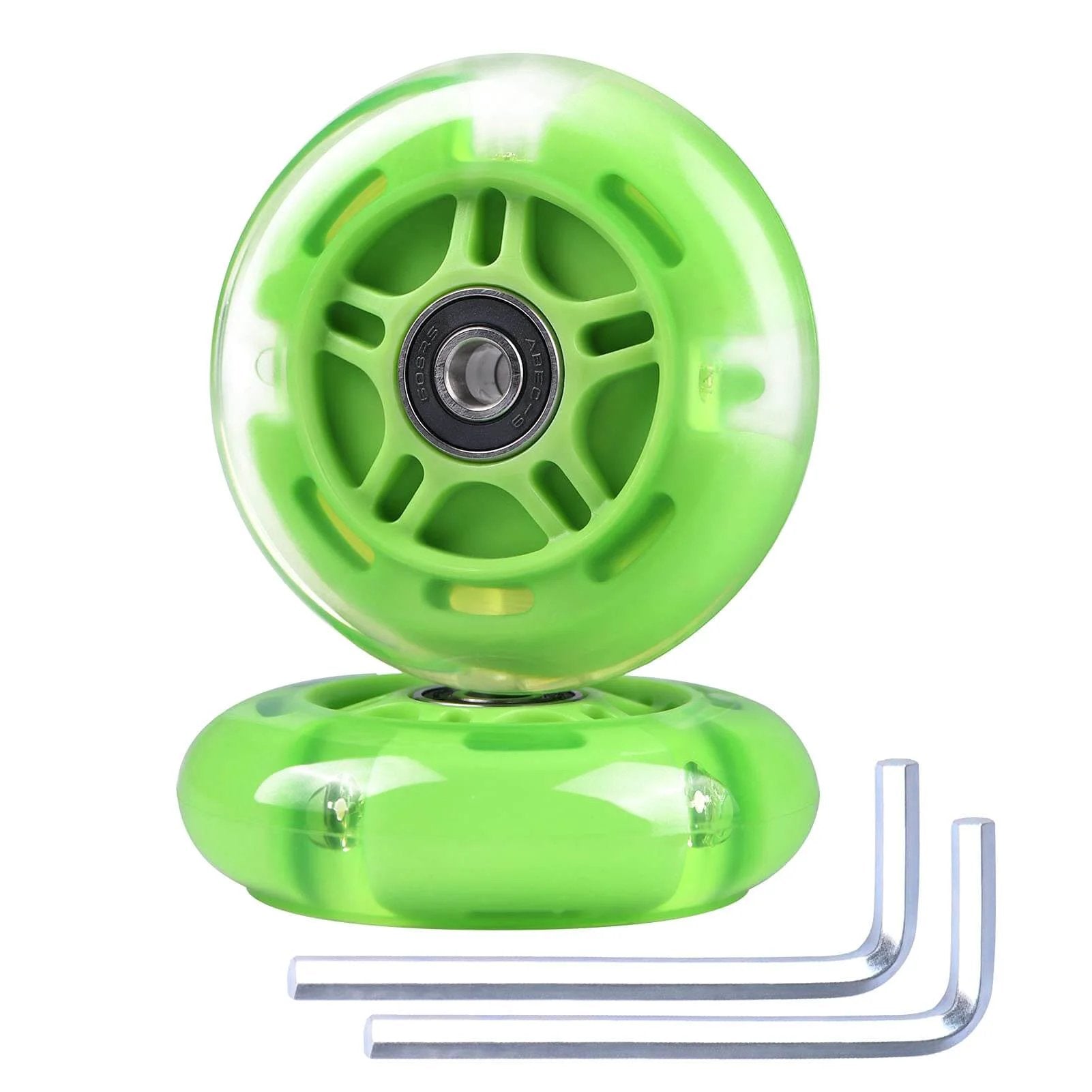 80mm Light Up Scooter Rear Wheels 2 Pack with Bearings Polyurethane LED Inline Skate Replacement Wheels Green, tools included