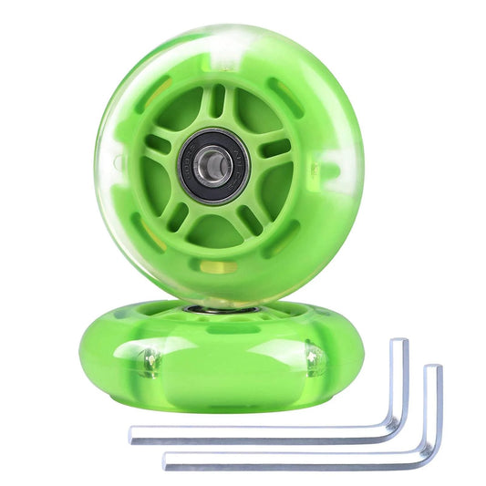 80mm Light Up Scooter Rear Wheels 2 Pack with Bearings Polyurethane LED Inline Skate Replacement Wheels Green, tools included
