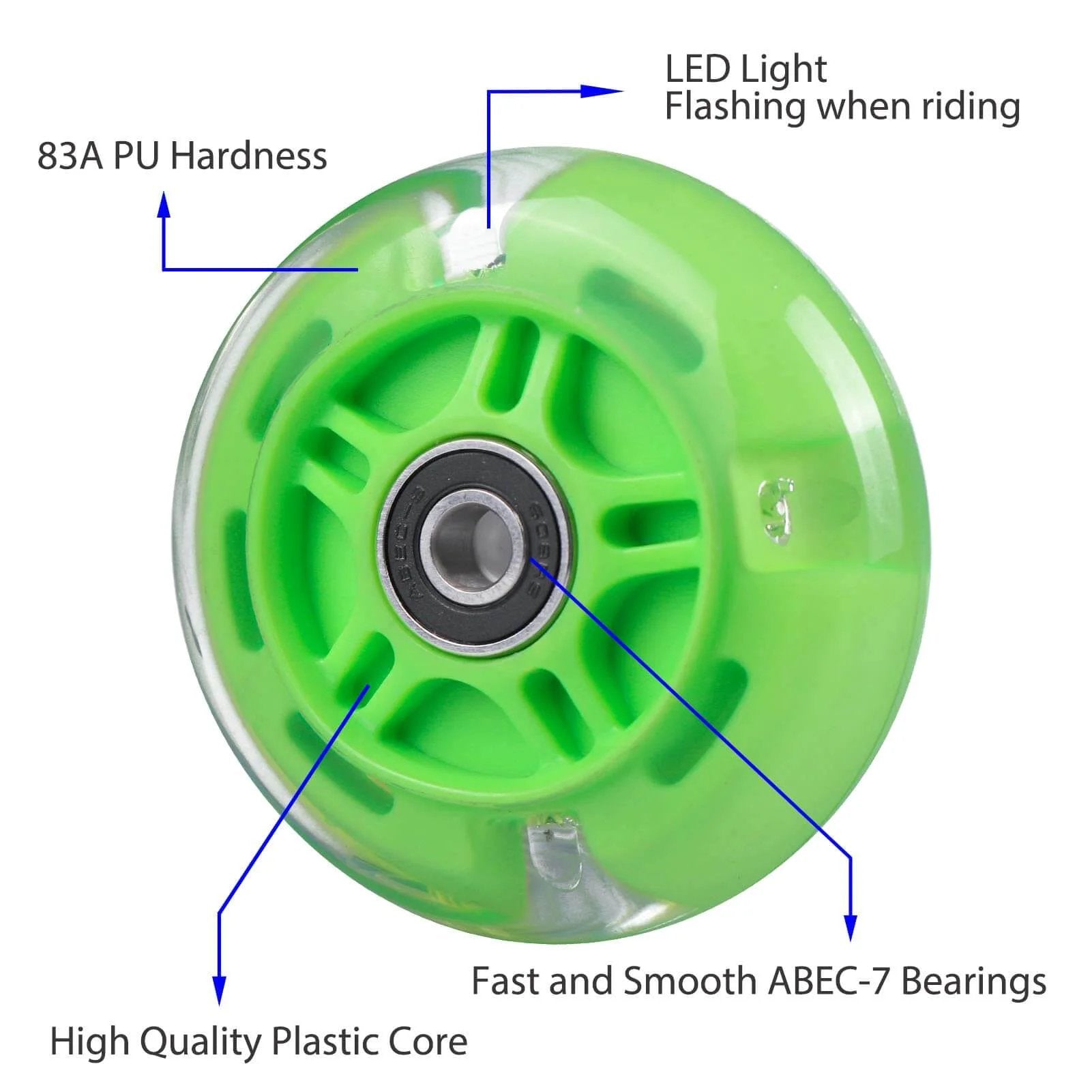 Green 80mm Light Up Scooter Rear Wheel with ABEC-7 Bearing and LED lights, showing 83A PU hardness and high-quality plastic core.