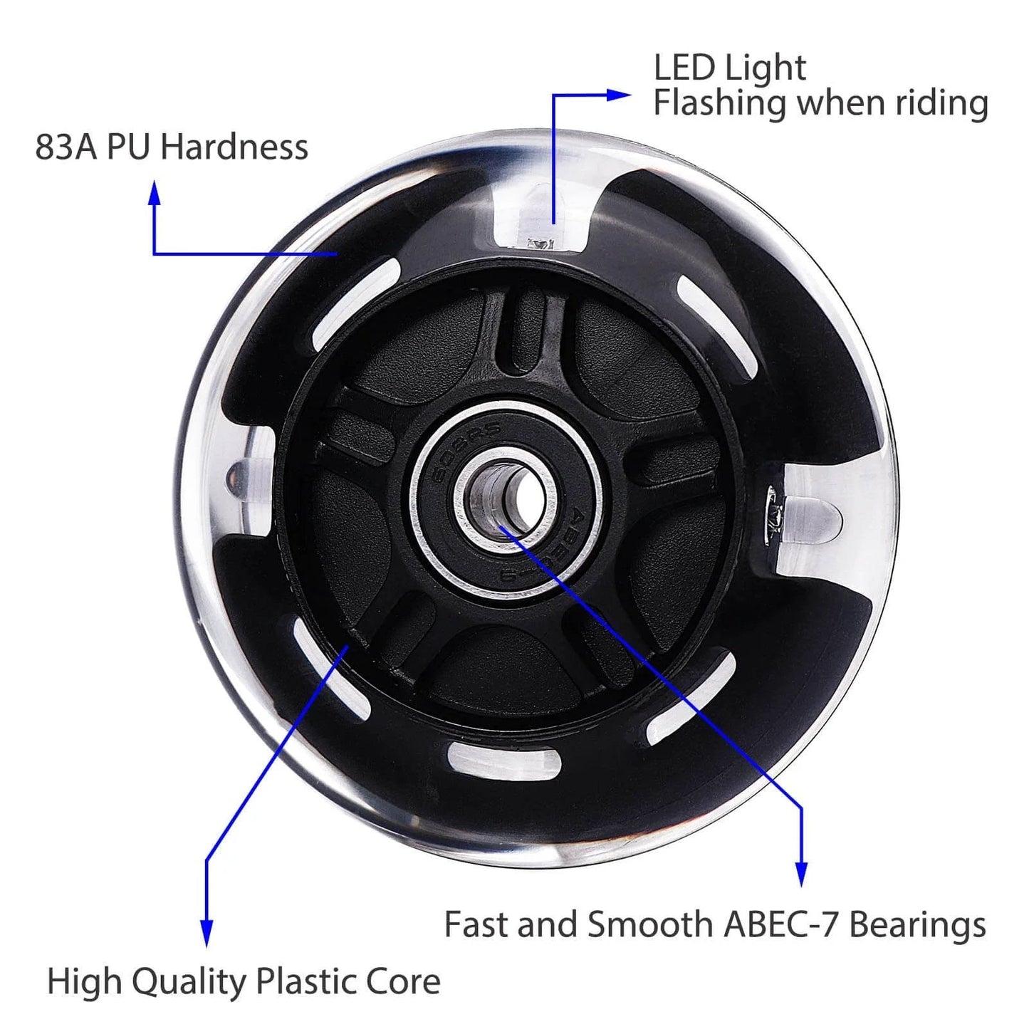 Front view of 80mm Light Up Scooter Rear Wheels 2 Pack with Bearings Polyurethane LED Inline Skate Replacement Wheels Black showing construction details.