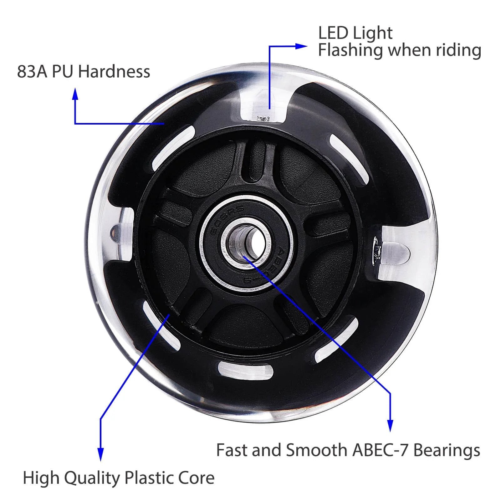 Front view of 80mm Light Up Scooter Rear Wheels 2 Pack with Bearings Polyurethane LED Inline Skate Replacement Wheels Black showing construction details.