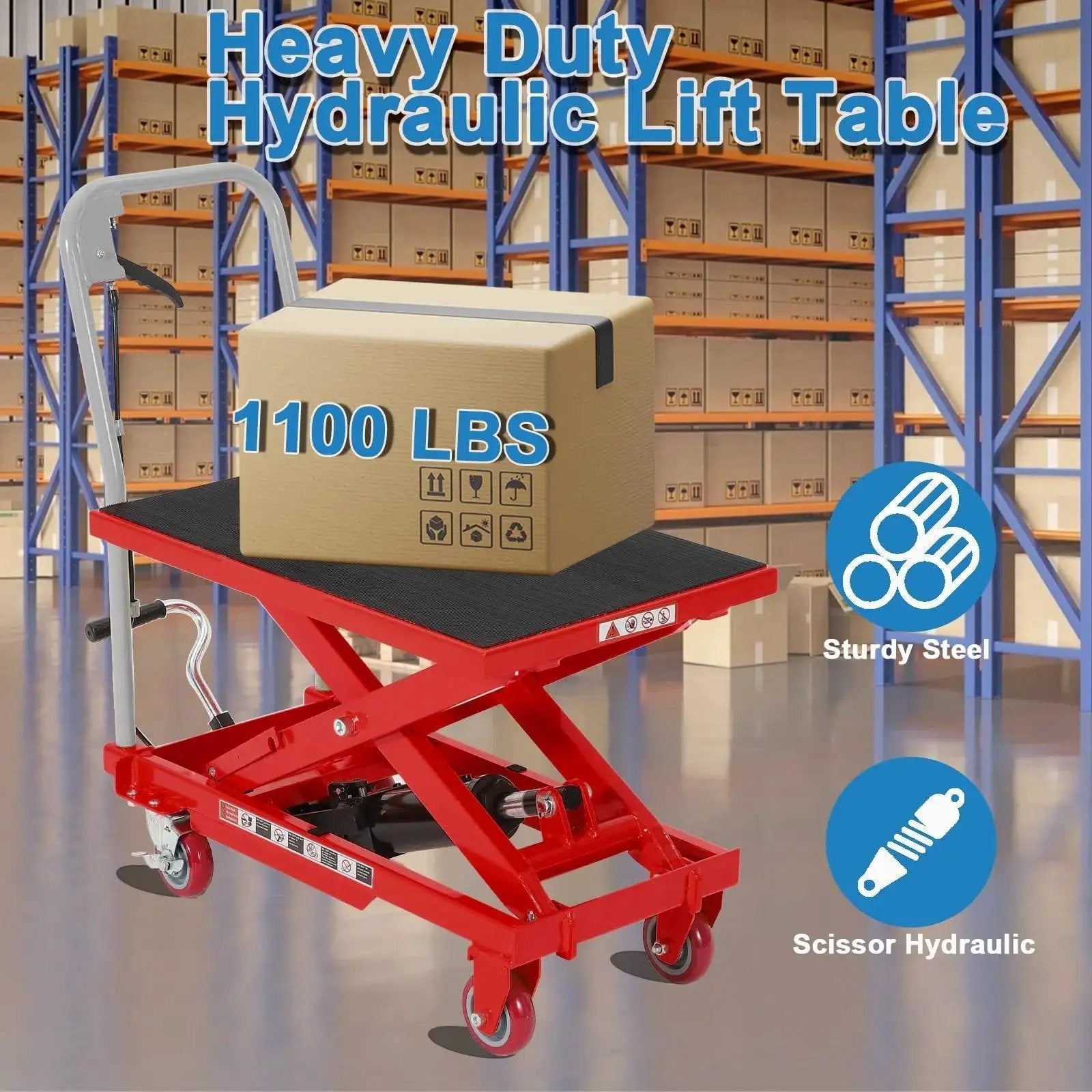 Heavy Duty Hydraulic Lift Table Cart 1100LB Capacity With 32 Inch Lift Height in warehouse with sturdy steel frame
