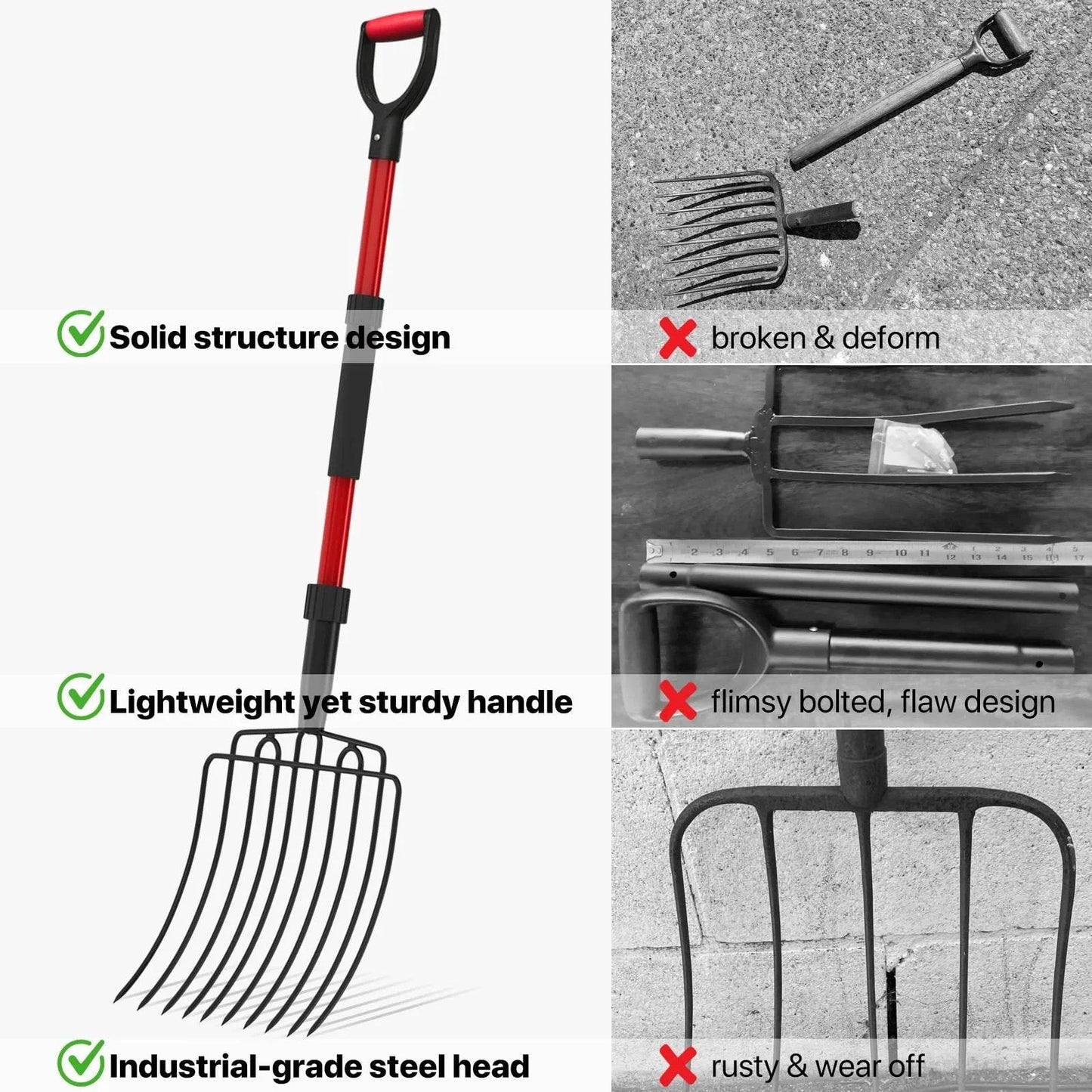 Wide 10 Tine Garden Pitch Fork With Carbon Steel Tines And Fiberglass Handle 44 Inch Red Heavy Duty Pitch Fork For Mulching Compost