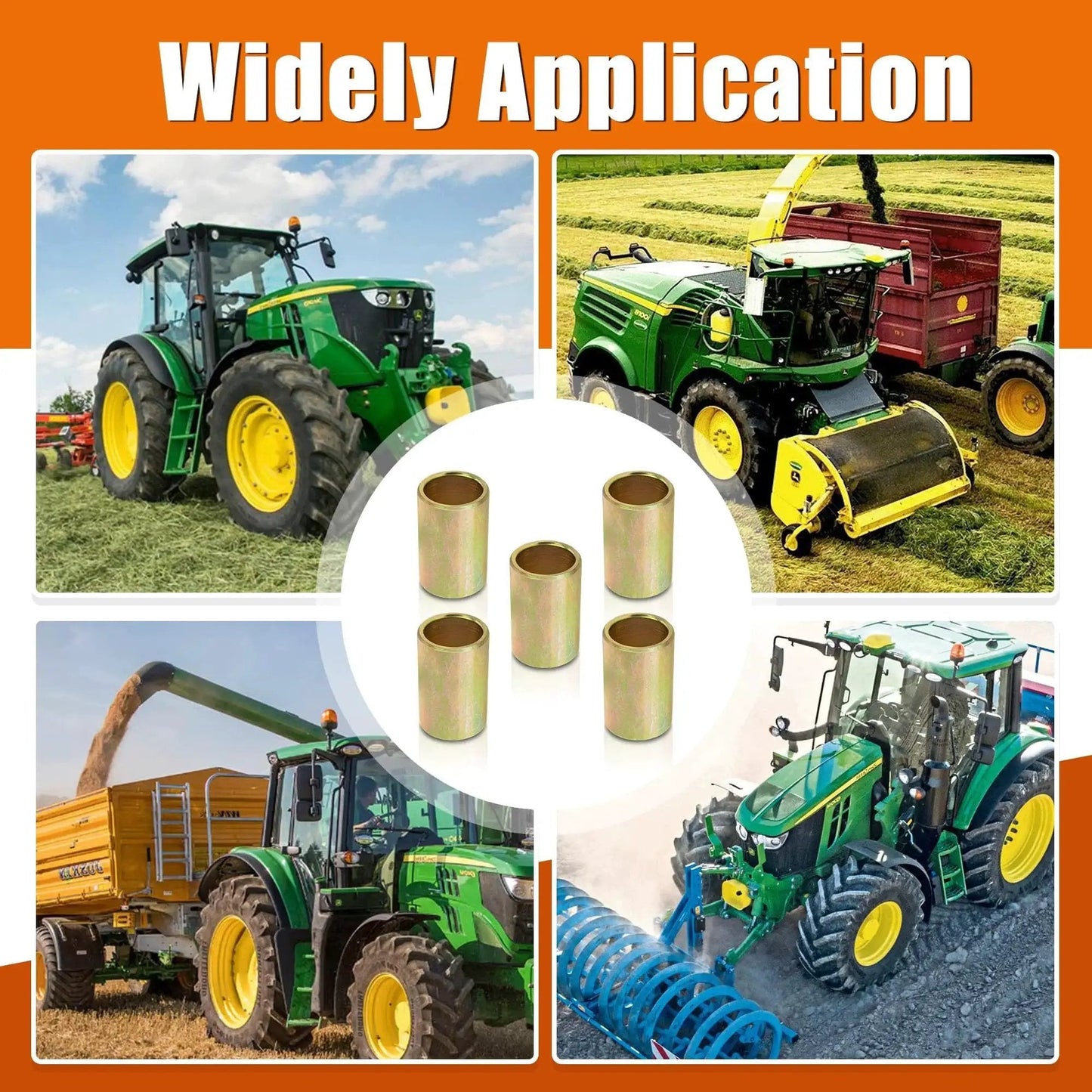 Universal Quick Hitch Lower Lift Arm Bushing Kit For Cat I To Cat II Systems displayed with tractors in various applications