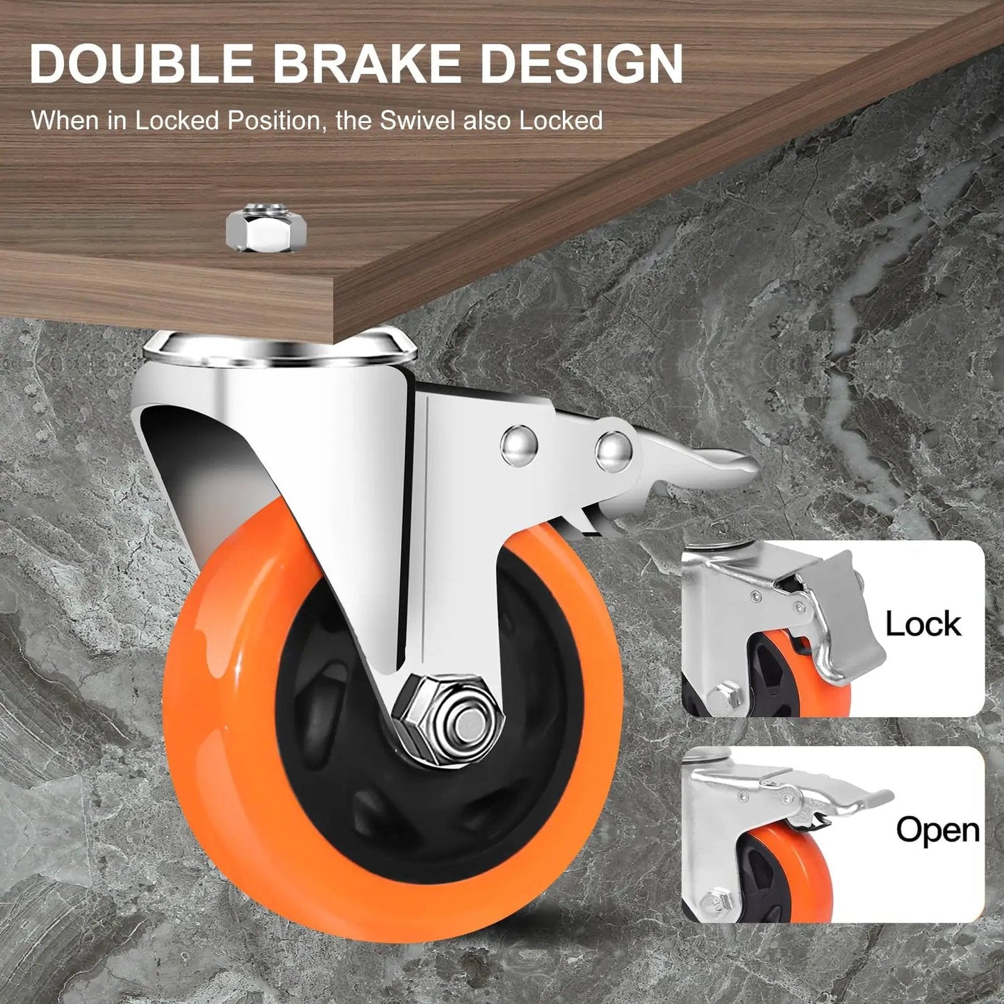 Heavy Duty Stem Casters Swivel Wheels With Threaded Stem Three Eighths Inch By Sixteen Threads By One Inch Thread Dual Locking Brakes Set Of Four For Industrial Machines Tools And Heavy Equipment Mobile Caster Kit side view showing double brake design