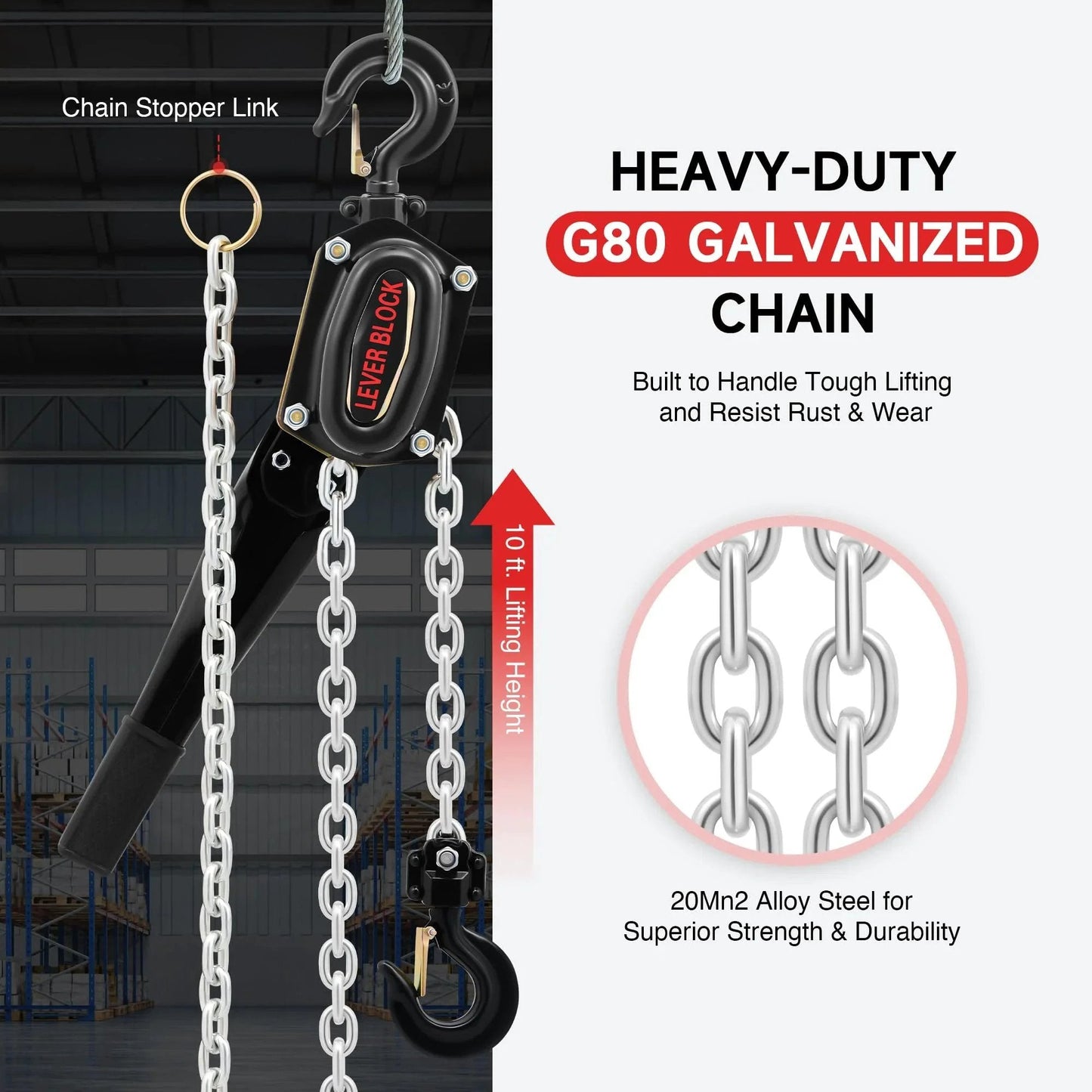 Lever Chain Hoist One And One Half Ton Capacity 3300 Lb Manual Chain Hoist With Ten Ft Lift G80 Galvanized Chain in warehouse