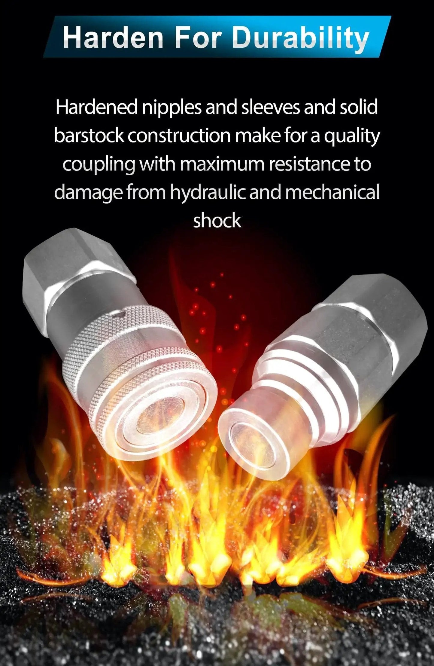 Flat Face Hydraulic Quick Connect Couplers Set with Dust Caps under durability text over flames.