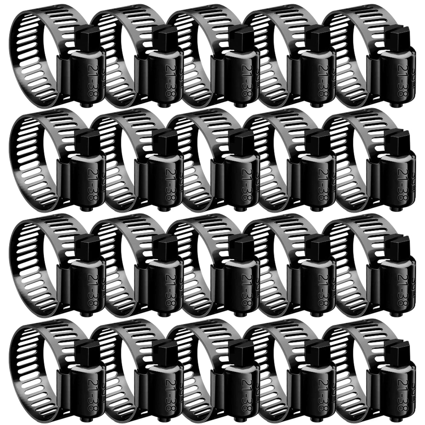 20 Pack Black 304 Stainless Steel Hose Clamps Kit Three Quarters Inch To One And One Half Inch 21 To 38 Mm Adjustable Worm Gear Radiator And Fuel Line Clamps Assortment High Quality Corrosion Resistant Salt Proof Waterproof arranged in rows