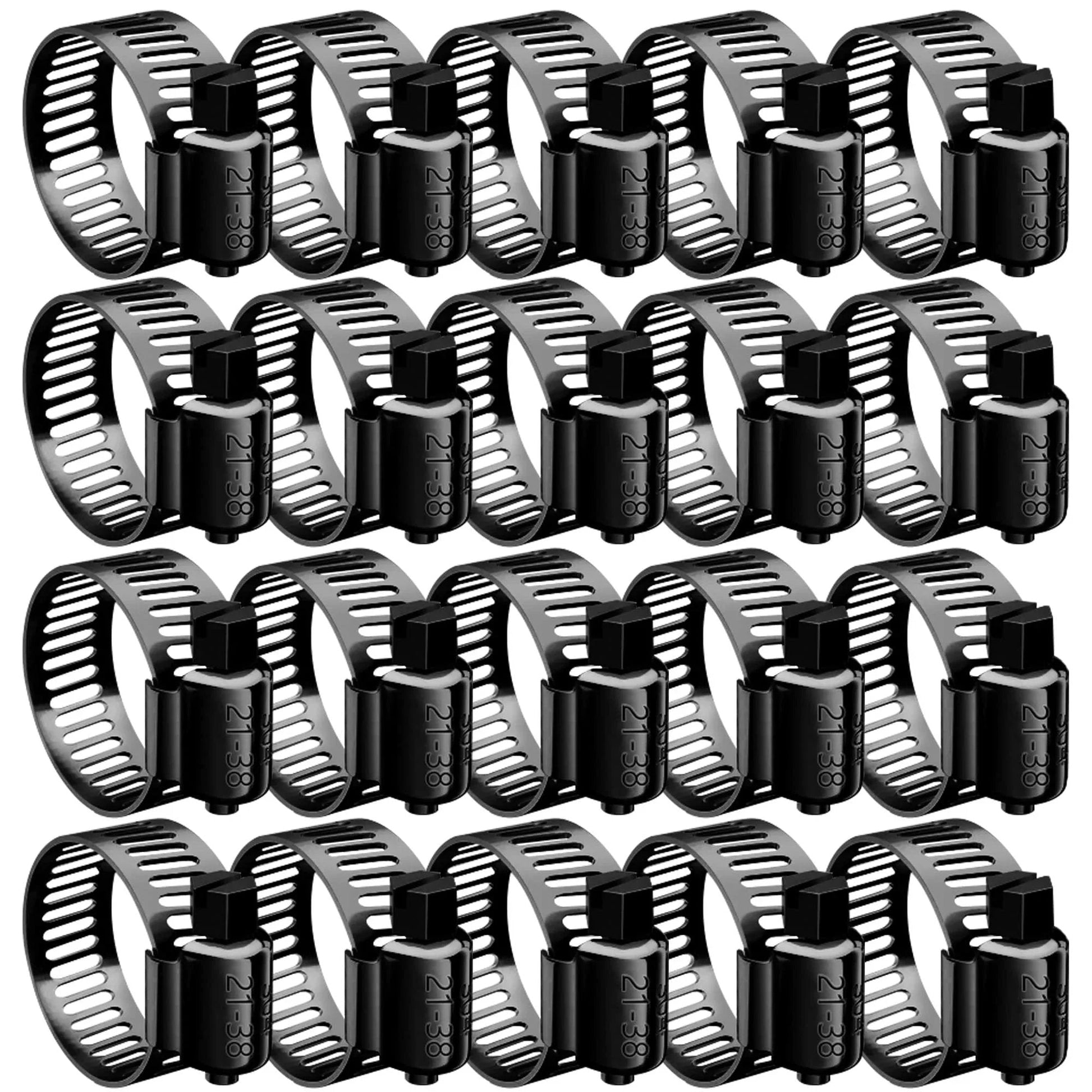 20 Pack Black 304 Stainless Steel Hose Clamps Kit Three Quarters Inch To One And One Half Inch 21 To 38 Mm Adjustable Worm Gear Radiator And Fuel Line Clamps Assortment High Quality Corrosion Resistant Salt Proof Waterproof arranged in rows