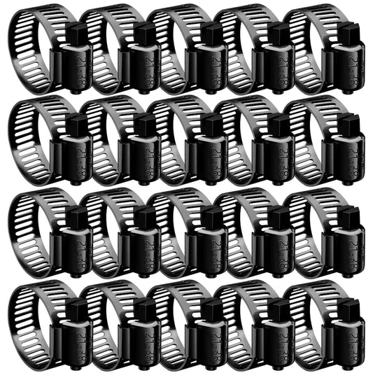 20 Pack Black 304 Stainless Steel Hose Clamps Kit Three Quarters Inch To One And One Half Inch 21 To 38 Mm Adjustable Worm Gear Radiator And Fuel Line Clamps Assortment High Quality Corrosion Resistant Salt Proof Waterproof arranged in rows