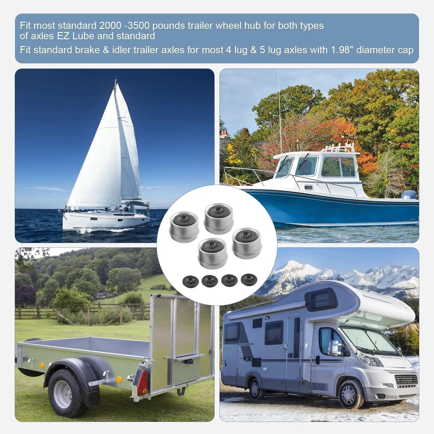 4 Pack 1.98 Inch Trailer Axle Dust Cap Hub Grease Cover Kit With Extra Rubber Plugs For Most 2000 To 3500 Pound Axles Dexter EZ Lube Compatible Campers RV Boats Hub Cap Replacement display with images of trailer and RV