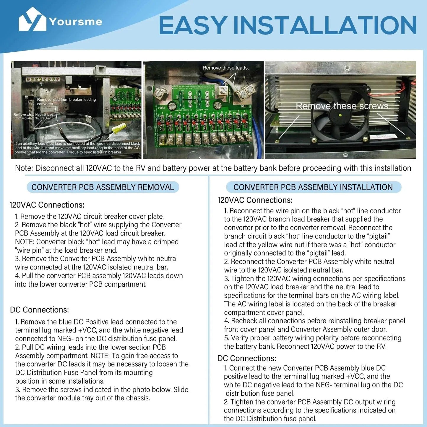 Installation guide for converter PCB assembly removal and installation with step-by-step instructions and images.