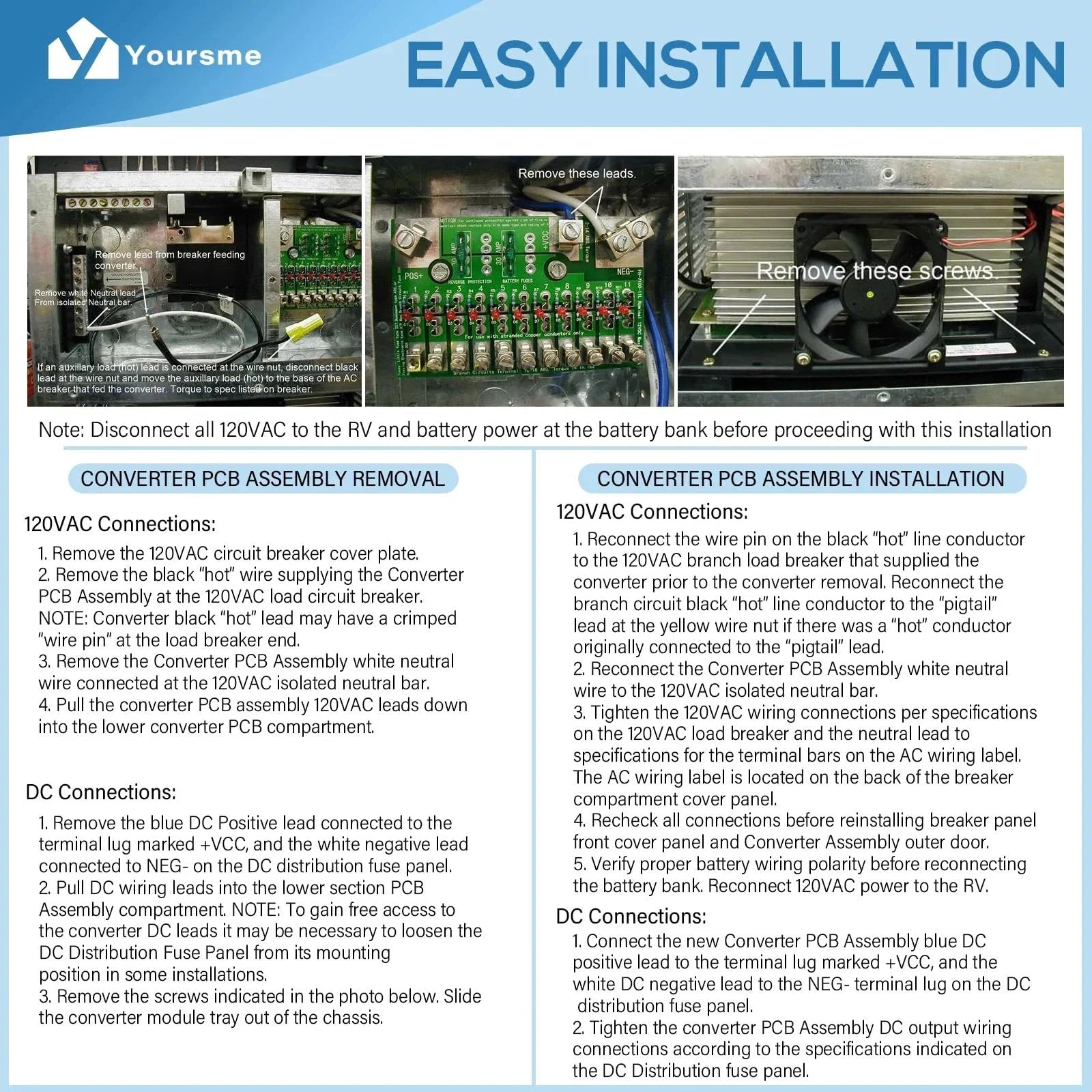 Installation guide for converter PCB assembly removal and installation with step-by-step instructions and images.