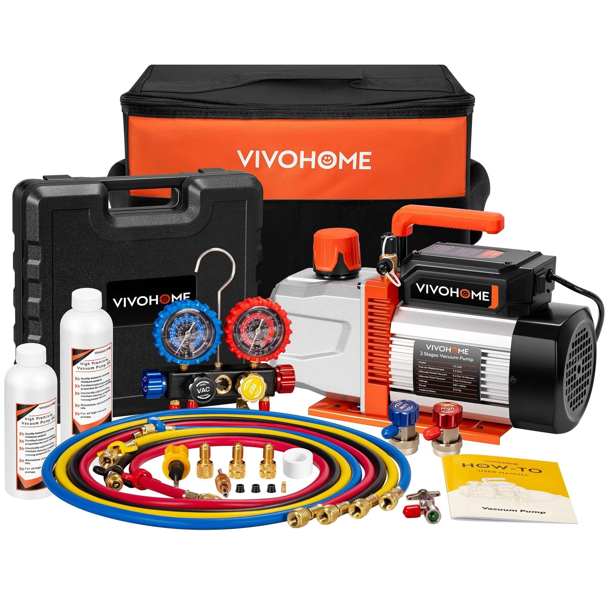 Pro Grade 3/4 HP Vacuum Pump Kit With 7.2 CFM Dual Stage Deep Vacuum, 4 Way Manifold Gauge, 5Ft Hoses For R134a R410a R22 R502 Automotive And Commercial HVAC Systems, VIVOHOME