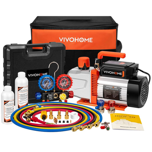 Pro Grade 3/4 HP Vacuum Pump Kit With 7.2 CFM Dual Stage Deep Vacuum, 4 Way Manifold Gauge, 5Ft Hoses For R134a R410a R22 R502 Automotive And Commercial HVAC Systems, VIVOHOME