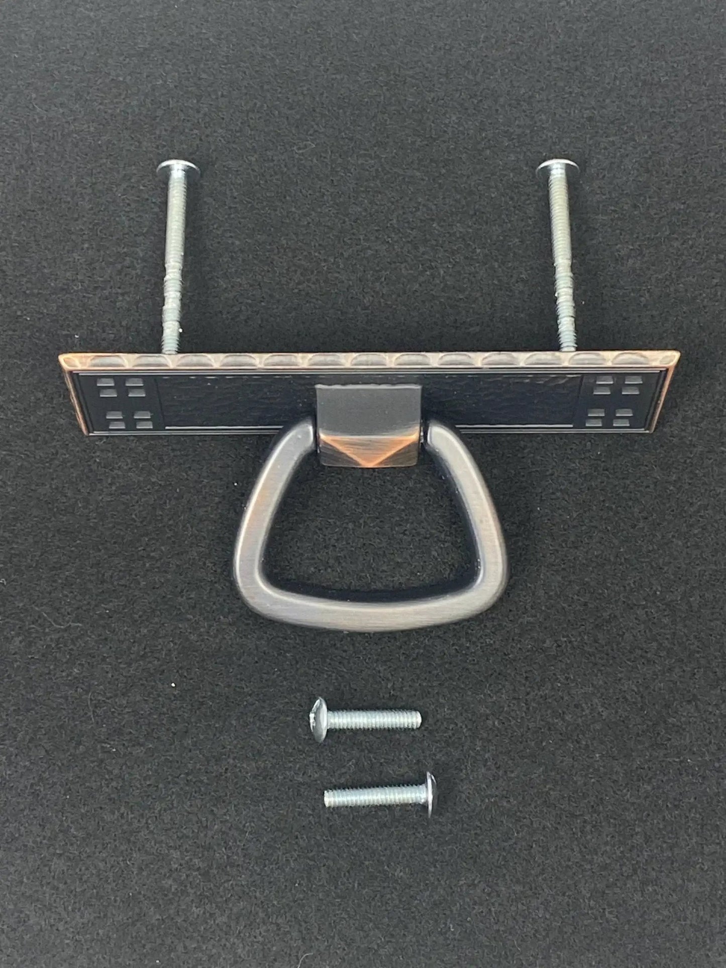 Oil Rubbed Bronze Mission Pull Handle for Cabinets and Furniture, 3 Inch (76mm) Size, shown with screws on black background.