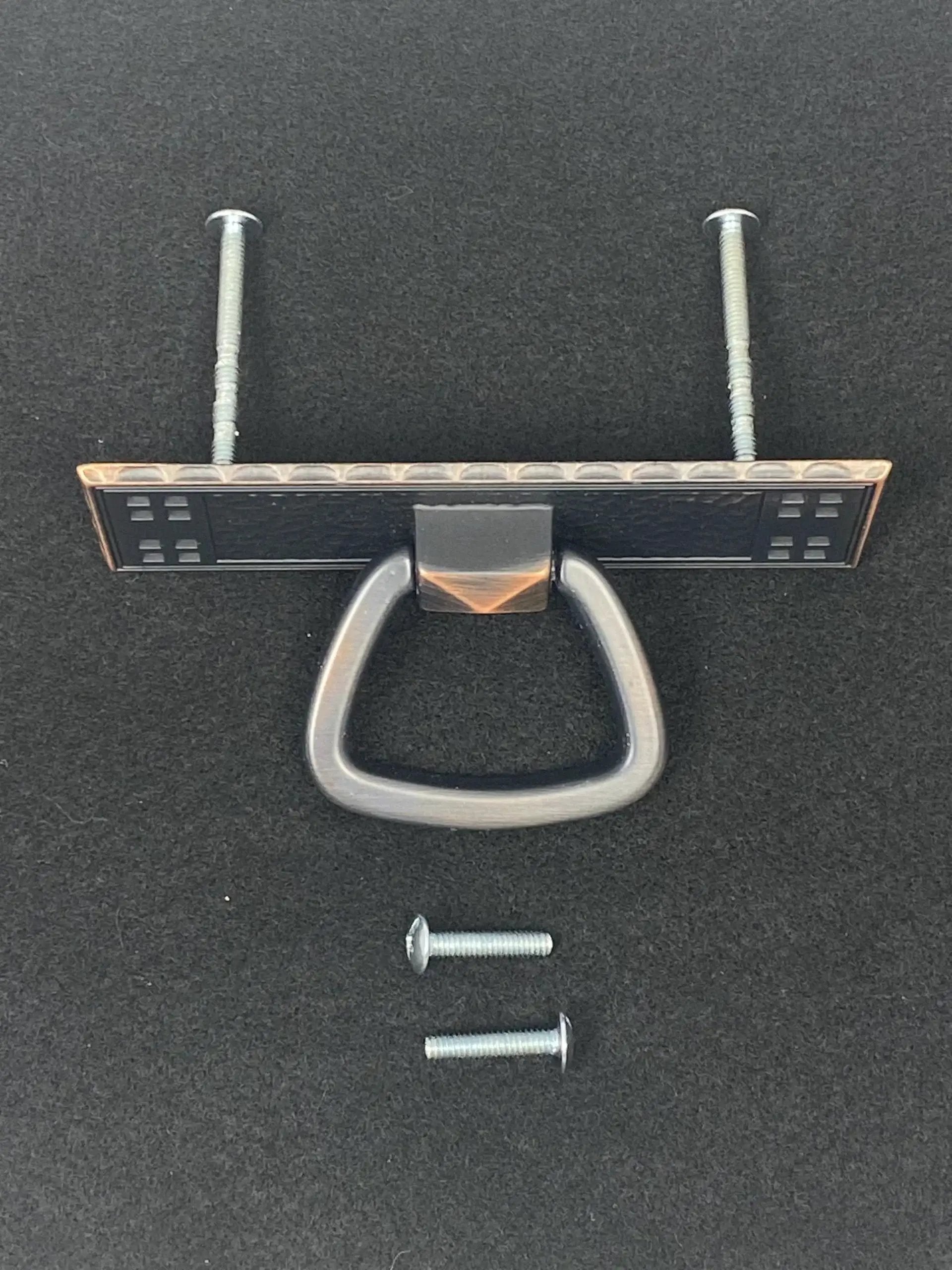 Oil Rubbed Bronze Mission Pull Handle for Cabinets and Furniture, 3 Inch (76mm) Size, shown with screws on black background.
