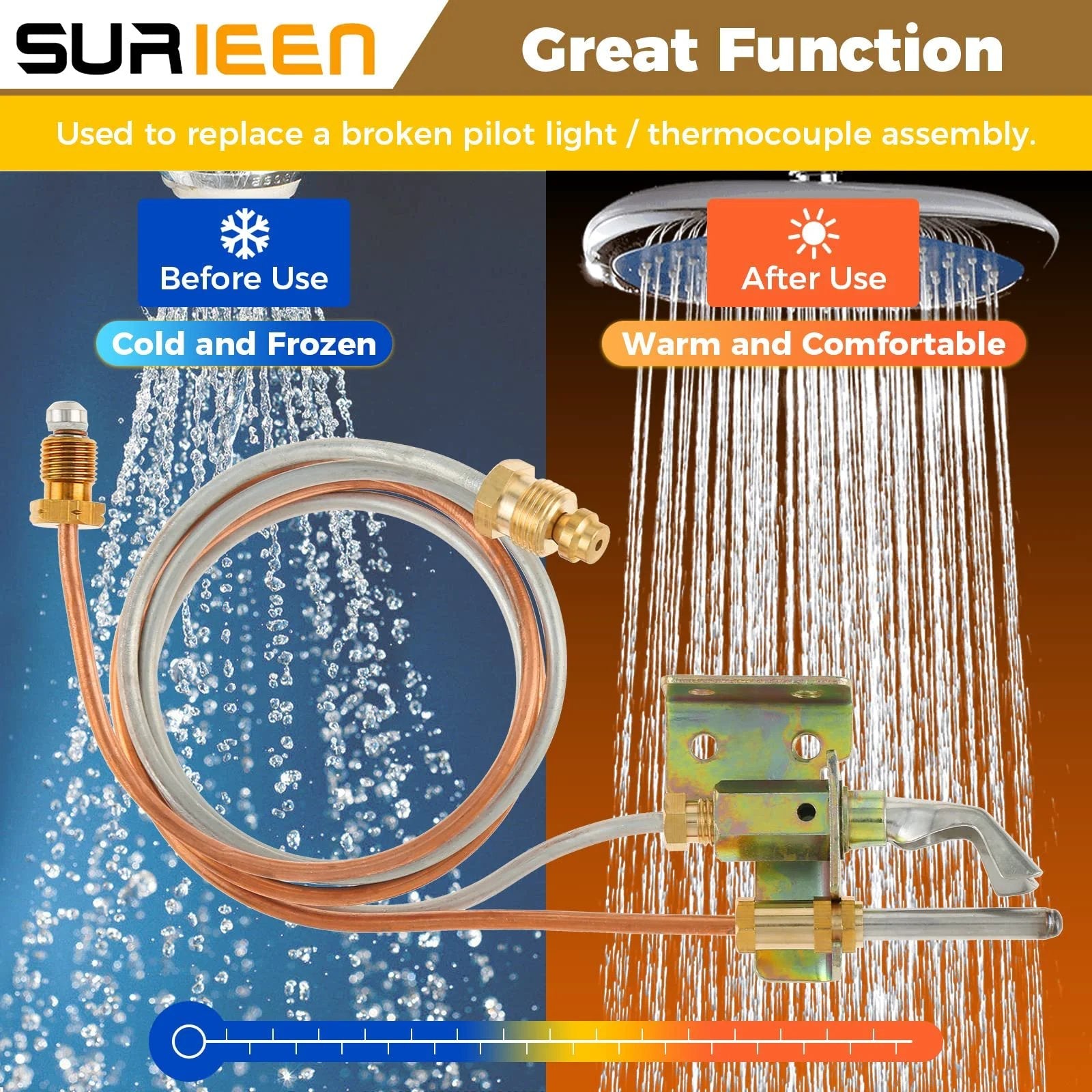 LP Propane Gas Water Heater Pilot Assembly With Thermocouple And Tubing Replacement product shown with water flow diagram
