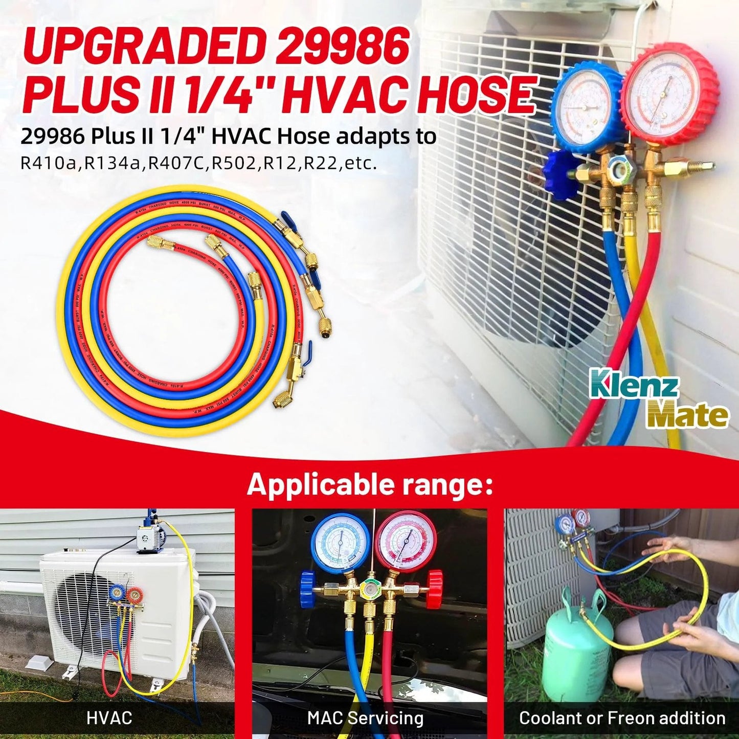 Upgraded 29986 Plus II One Quarter Inch HVAC Refrigerant Hose With Compact Ball Valve 800 PSI Working Pressure Standard One Quarter Inch Flare Fittings 72 Inch Length Three Color Pack Yellow Red Blue Heavy Duty Pro Grade in use with HVAC systems, showing yellow, red, and blue hoses connected to gauges.