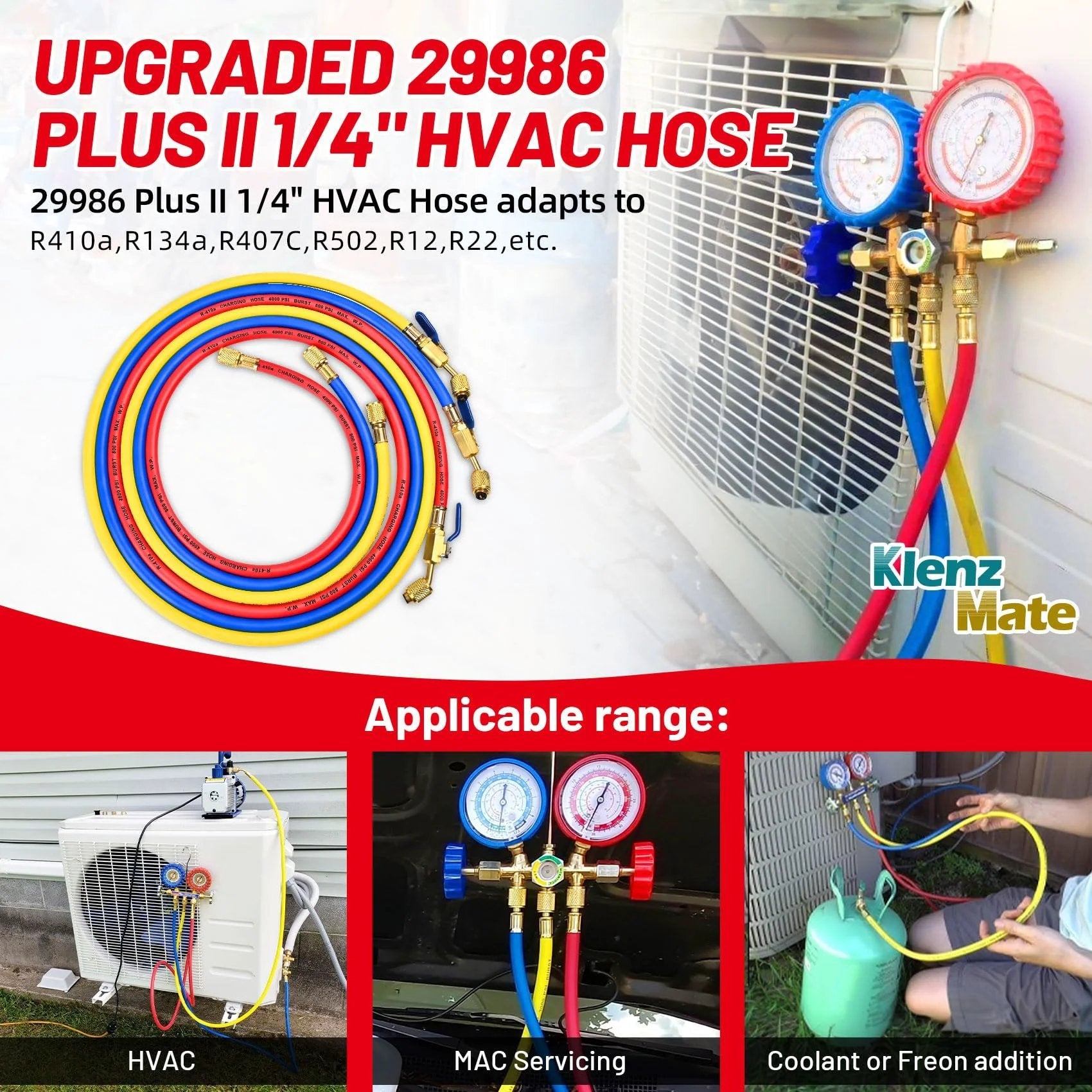 Upgraded 29986 Plus II One Quarter Inch HVAC Refrigerant Hose With Compact Ball Valve 800 PSI Working Pressure Standard One Quarter Inch Flare Fittings 72 Inch Length Three Color Pack Yellow Red Blue Heavy Duty Pro Grade in use with HVAC systems, showing yellow, red, and blue hoses connected to gauges.