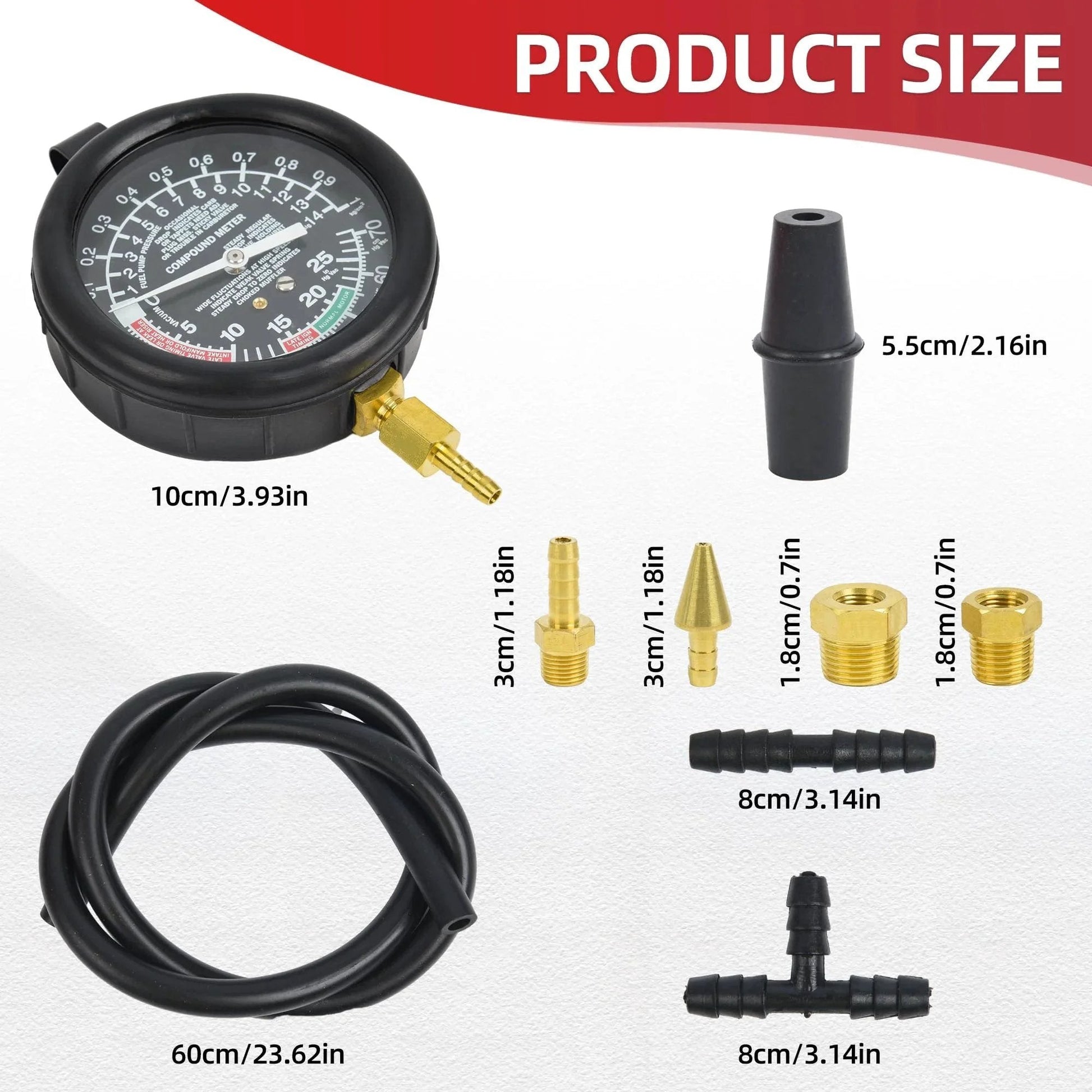 Fuel Pump Pressure And Vacuum Tester Gauge Kit For Carburetor And Intake Manifold Diagnostics showing gauge, hose, and adapters