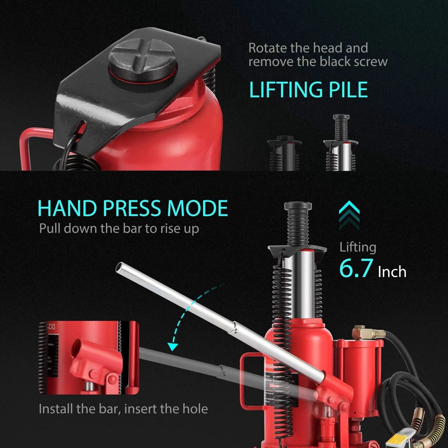 Close-up of 20 Ton Pneumatic Bottle Jack With Manual Pump For Auto Truck And Trailer showing lifting mechanism diagrams.