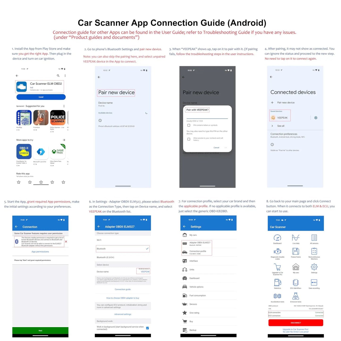 Car Scanner App Connection Guide (Android) showing pairing and connecting steps for OBD2 Bluetooth Car Diagnostic Scanner For IOS And Android With BLE Read And Clear Check Engine Codes Live Data Freeze Frame O2 Sensor Tests IM Readiness.