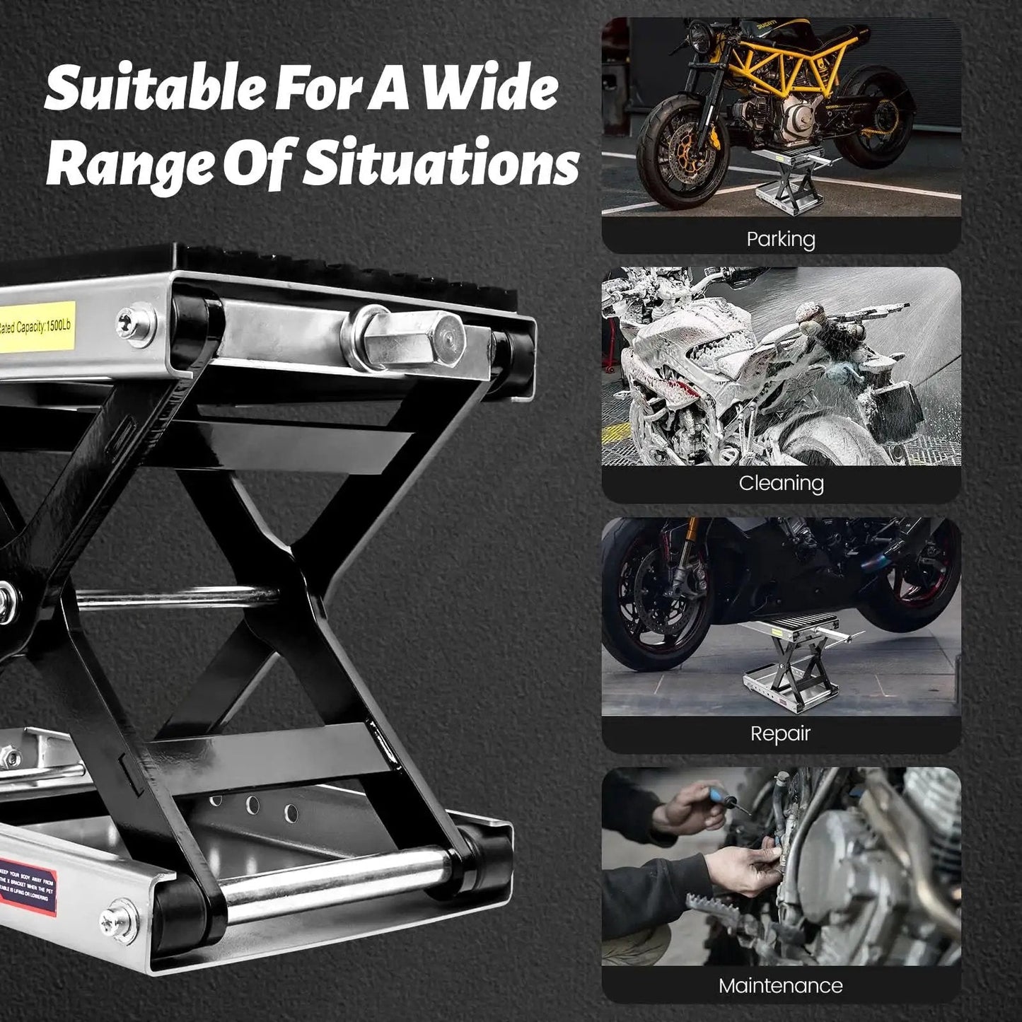 Beefy 1500 Lbs Motorcycle Jack With Thick 0.48 Inch Rubber Pad shown lifting bike for parking, cleaning, repair, maintenance