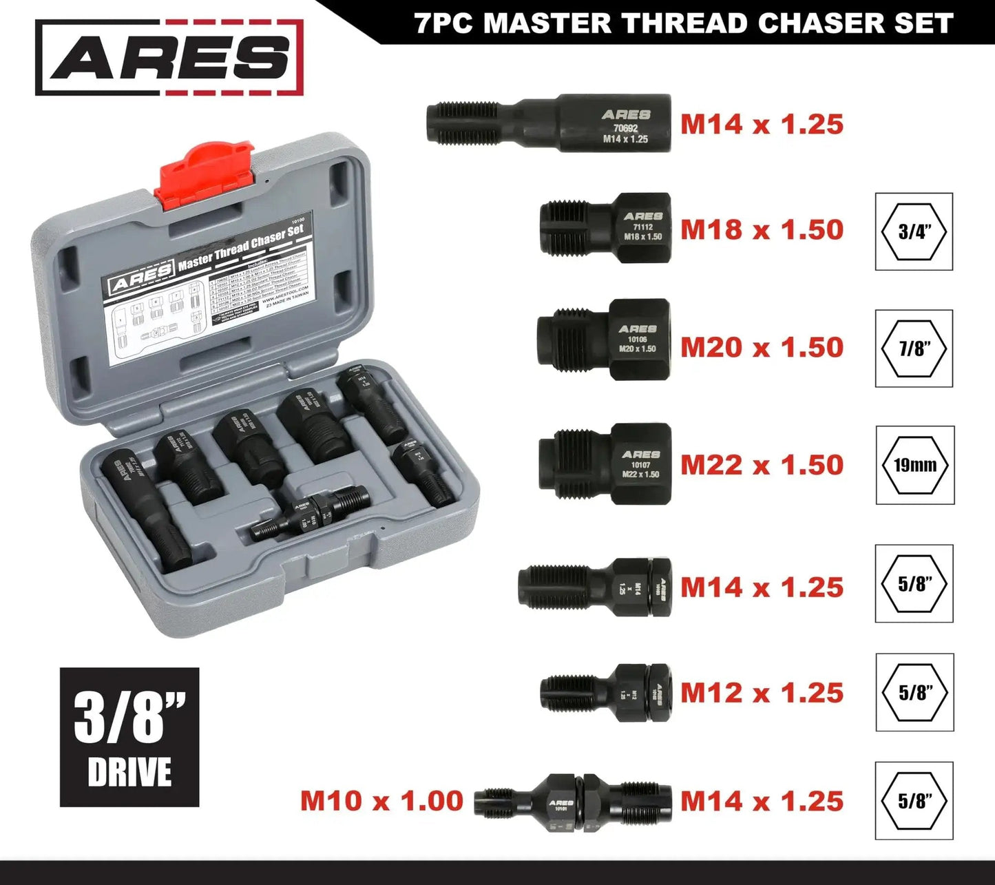 7 Piece Master Thread Chaser Set for Automotive Repairs with Storage Case showing tools and sizing details.