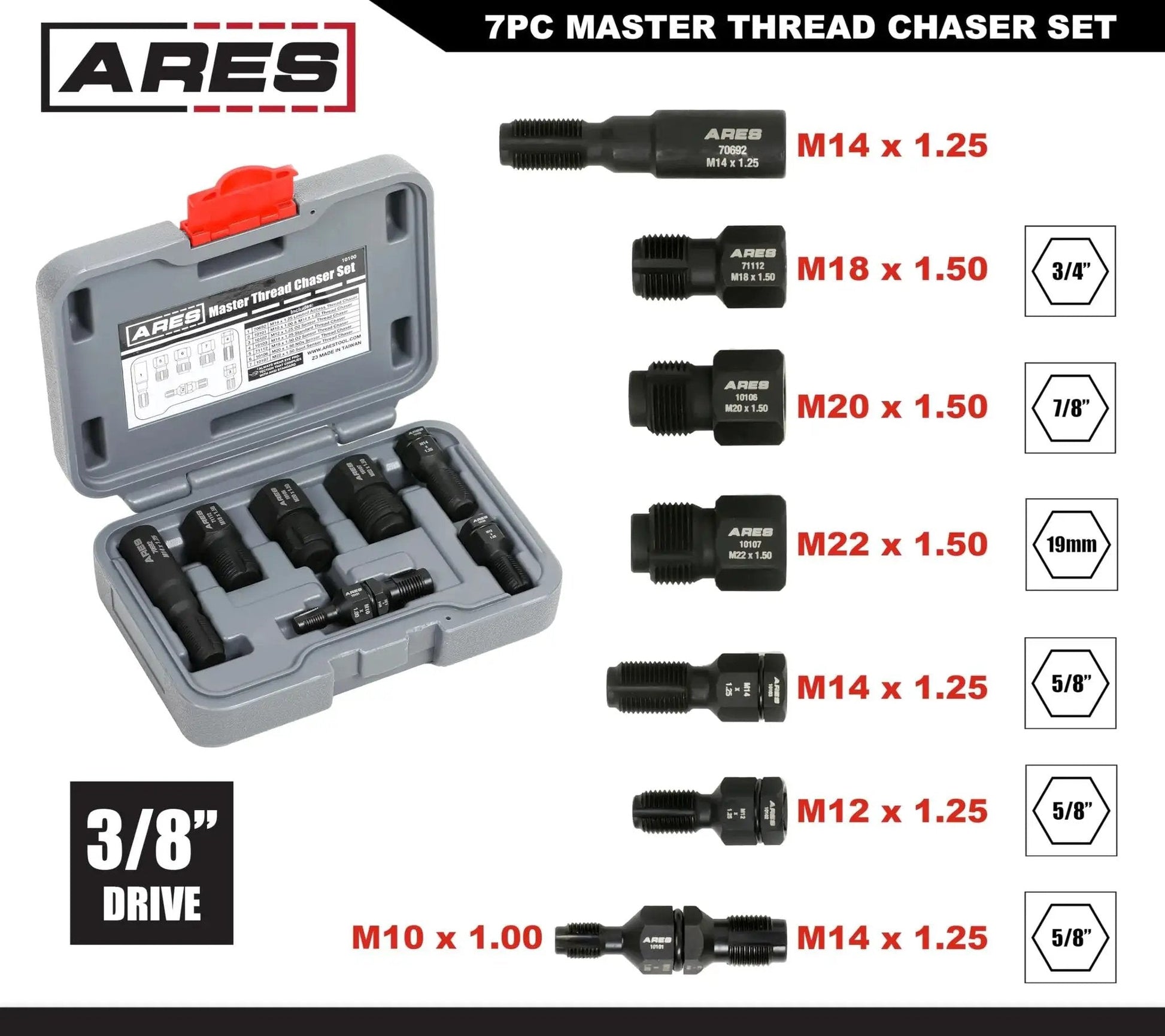 7 Piece Master Thread Chaser Set for Automotive Repairs with Storage Case showing tools and sizing details.