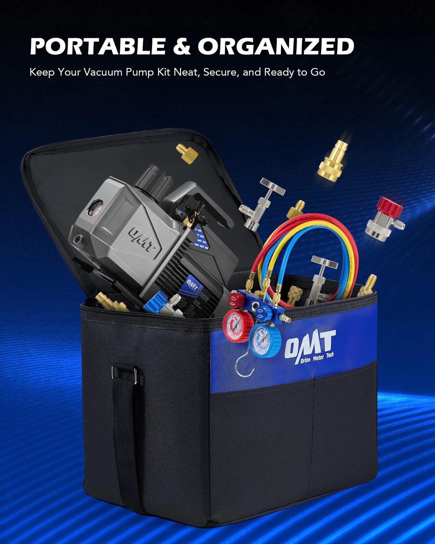Must Have All In One AC Vacuum Pump And Gauge Kit For R1234yf R32 R134a R410A Systems with 3.5 CFM pump and accessories in bag