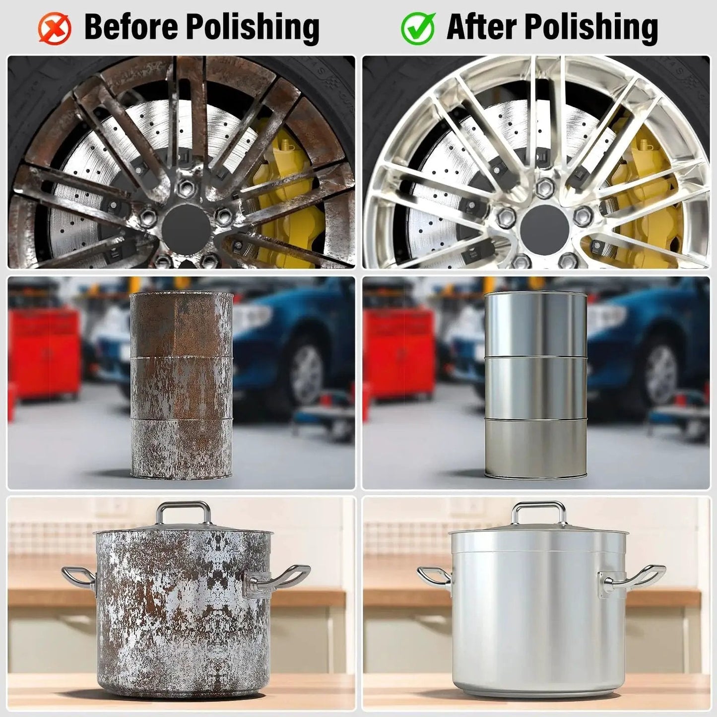 Comparison of metal surfaces before and after using Pro Grade 8 Inch Buffing Wheel Polishing Kit For Four Point Five Inch Angle Grinder With Nine Pieces Includes Four Wheels And Five Aluminum Compound Bars Five Eighth Inch Arbor Car Metal And Paint Finishing For A Mirror Finish.