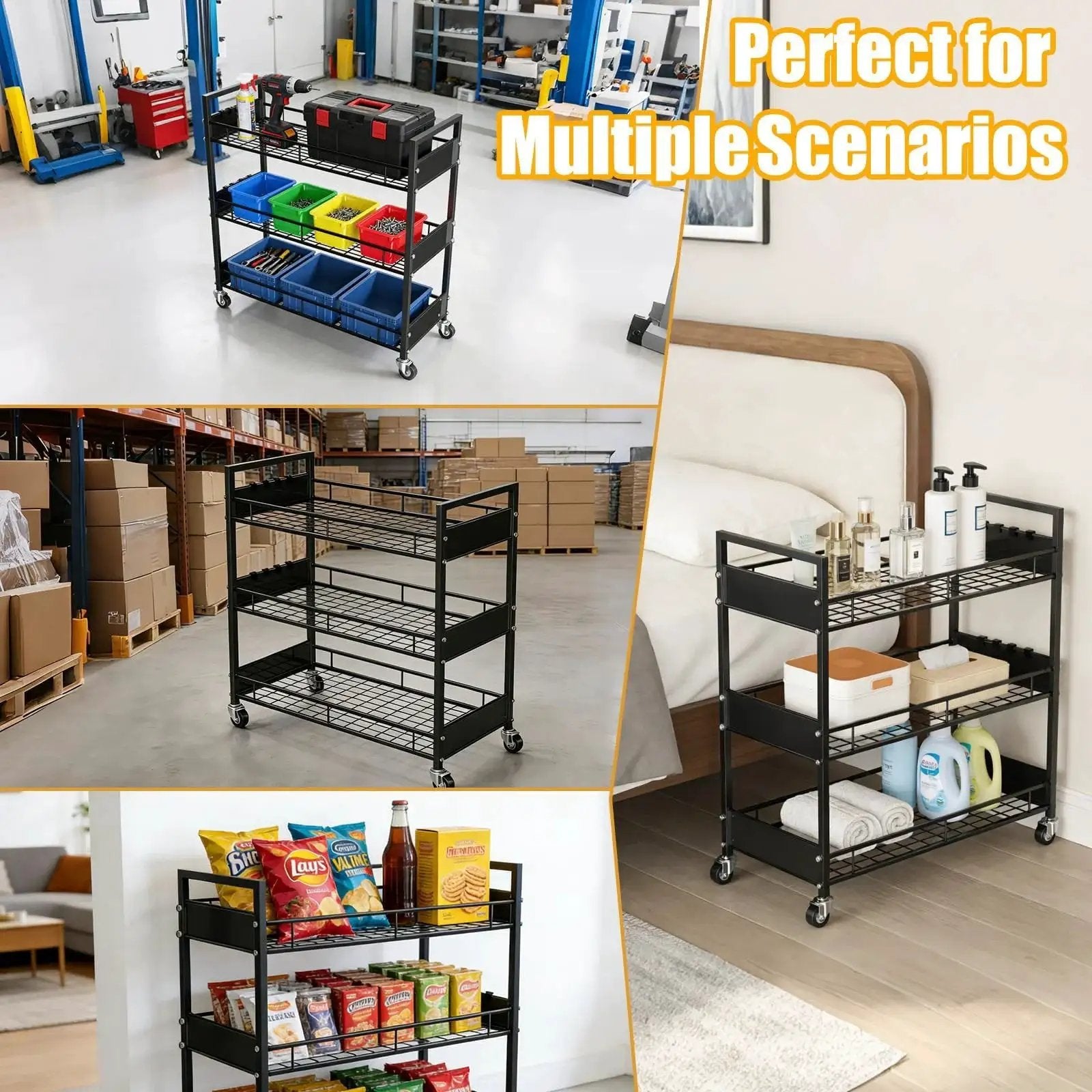 Heavy Duty 3 Tier Metal Utility Cart With Locking Casters And 330 Lbs Load Capacity Rolling Storage Organizer in various settings