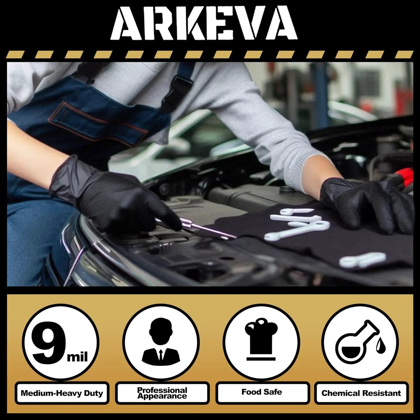 Mechanic wears Heavy Duty 9 Mil Nitrile Disposable Gloves Diamond Texture Latex Free Large while working on car engine.