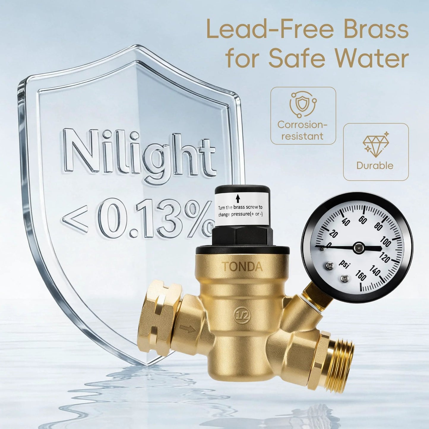 Lead Free Brass RV Water Pressure Regulator With Gauge And Inlet Screen Filter Adjustable 0 To 160 PSI product image