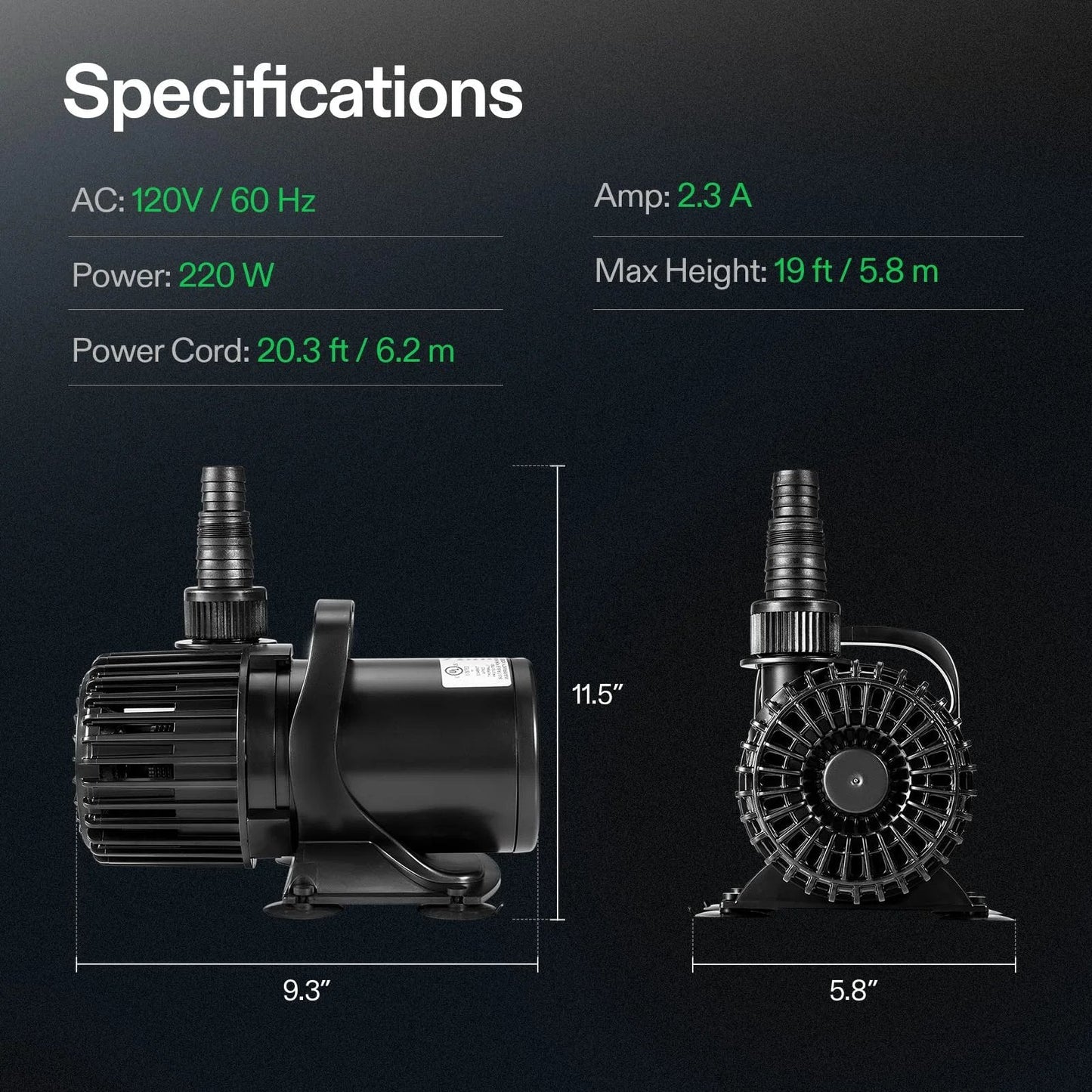 High Performance 4500 GPH Submersible Pond Pump with 220W Motor and 19 Foot Lift Height Ultra Quiet Design for Aquariums Waterfalls Statuary and Hydroponics Energy Saving Overload Protection Durable Silicon Carbide Build from VIVOSUN, side and front view with specifications.