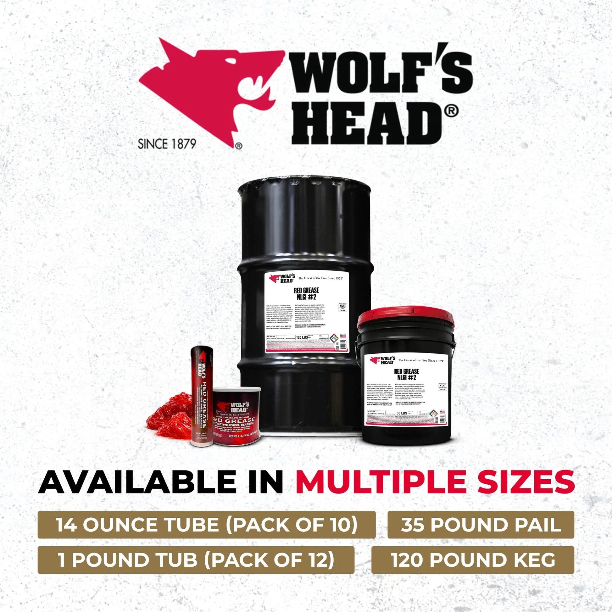 Wolf's Head lubricants including Premium Red Grease NLGI 2 For Long Lasting Stay Put Lubrication In Wheel Bearings And Chassis