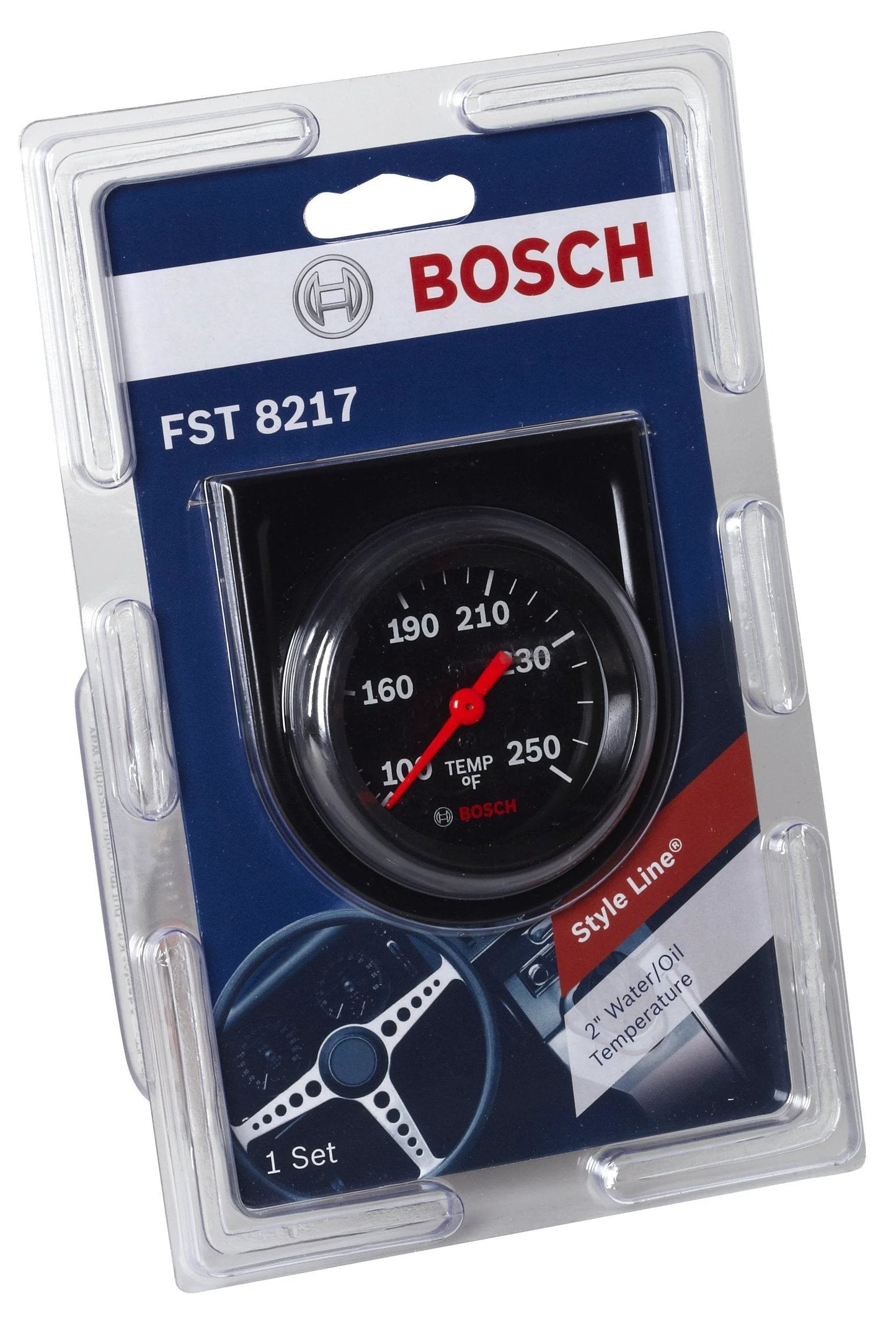 Style Line 2 Inch Mechanical Water And Oil Temperature Gauge With Black Dial Face And Black Bezel From Bosch SP0F000053 in package.