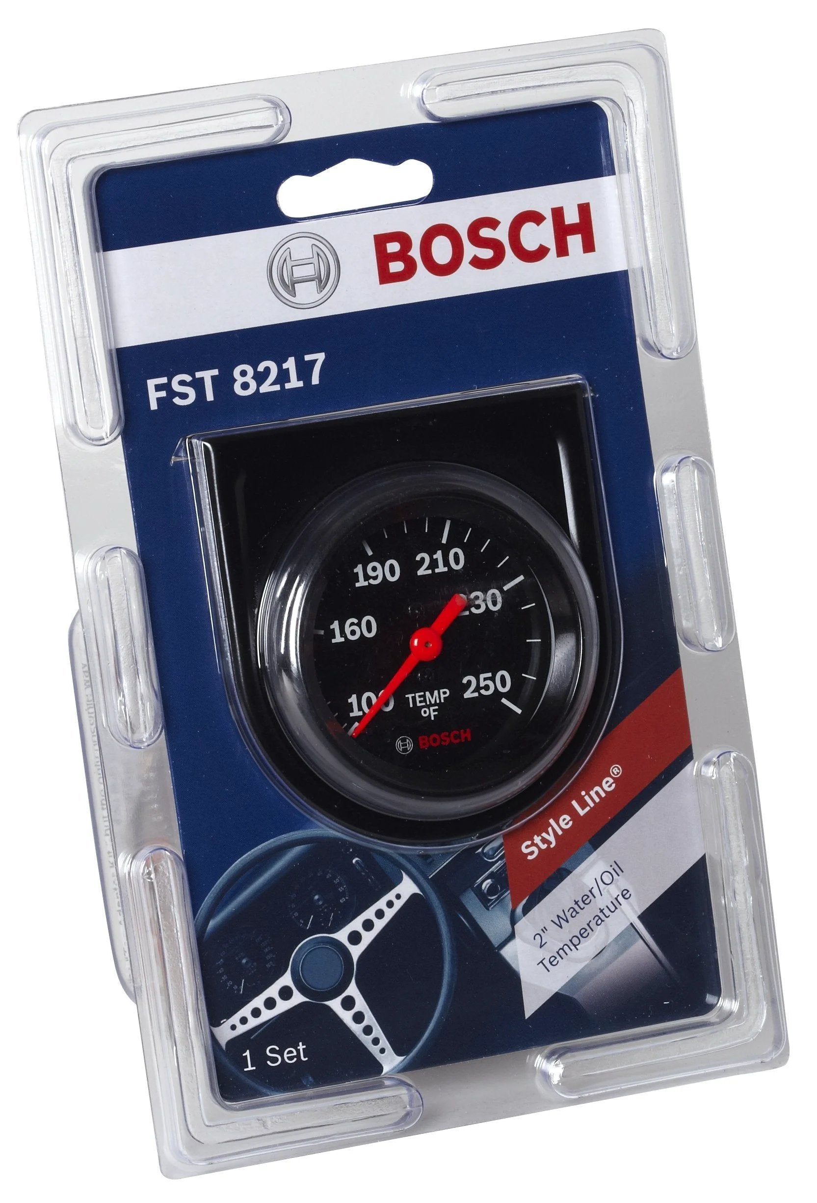 Style Line 2 Inch Mechanical Water And Oil Temperature Gauge With Black Dial Face And Black Bezel From Bosch SP0F000053 in package.
