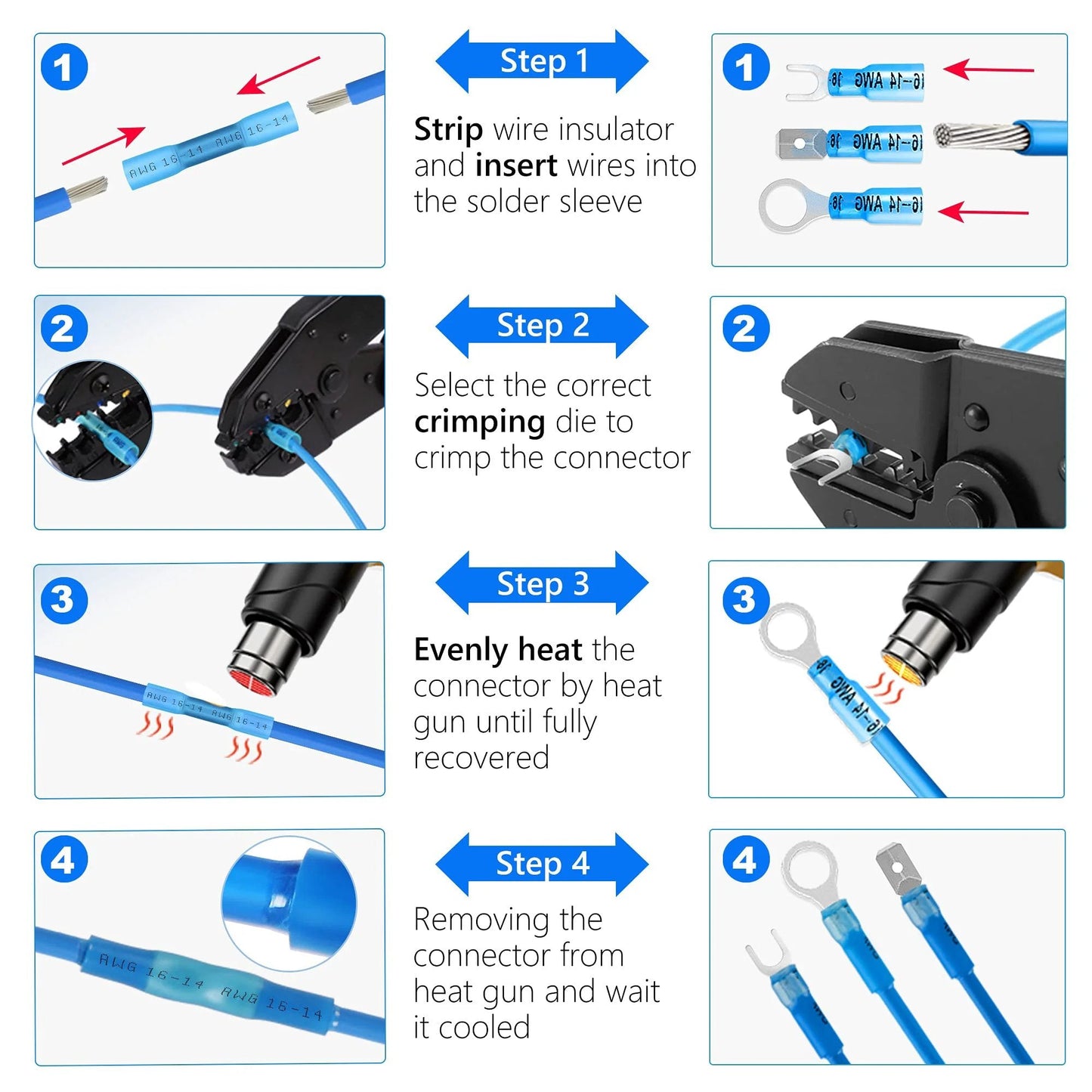 Heavy Duty Heat Shrink Wire Connectors Kit with 320 pieces demonstrating crimping and heat shrinking process for wiring.