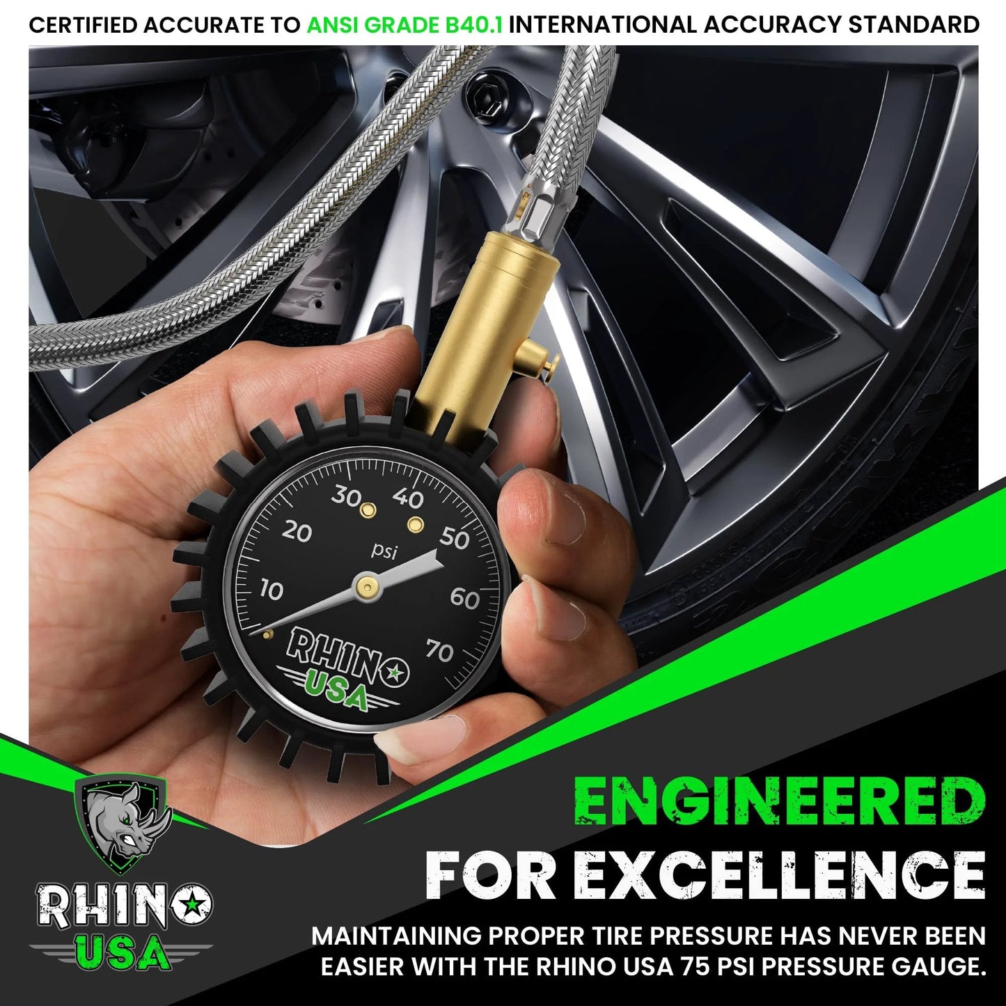Heavy Duty Tire Pressure Gauge 0 To 75 PSI With Large Glow Dial And Premium Braided Hose For Cars Trucks Motorcycles And RV ANSI B40 1 Certified Solid Brass Hardware By Rhino USA