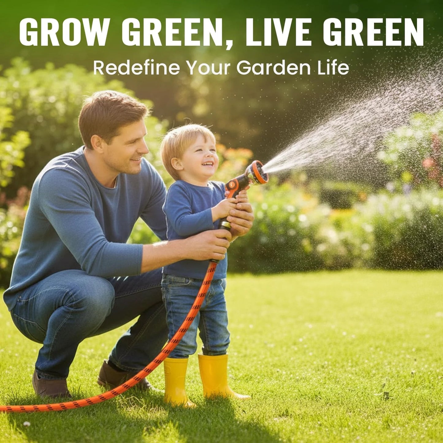 Father and son using Heavy Duty Non Expandable Garden Hose 100 Ft With 10 Function Sprayer Delivers Steady Water Pressure Anti Kink Burst Resistant Leak Proof High Pressure Lightweight Flexible Hose For Easy Yard Work By REFDAQ in garden.