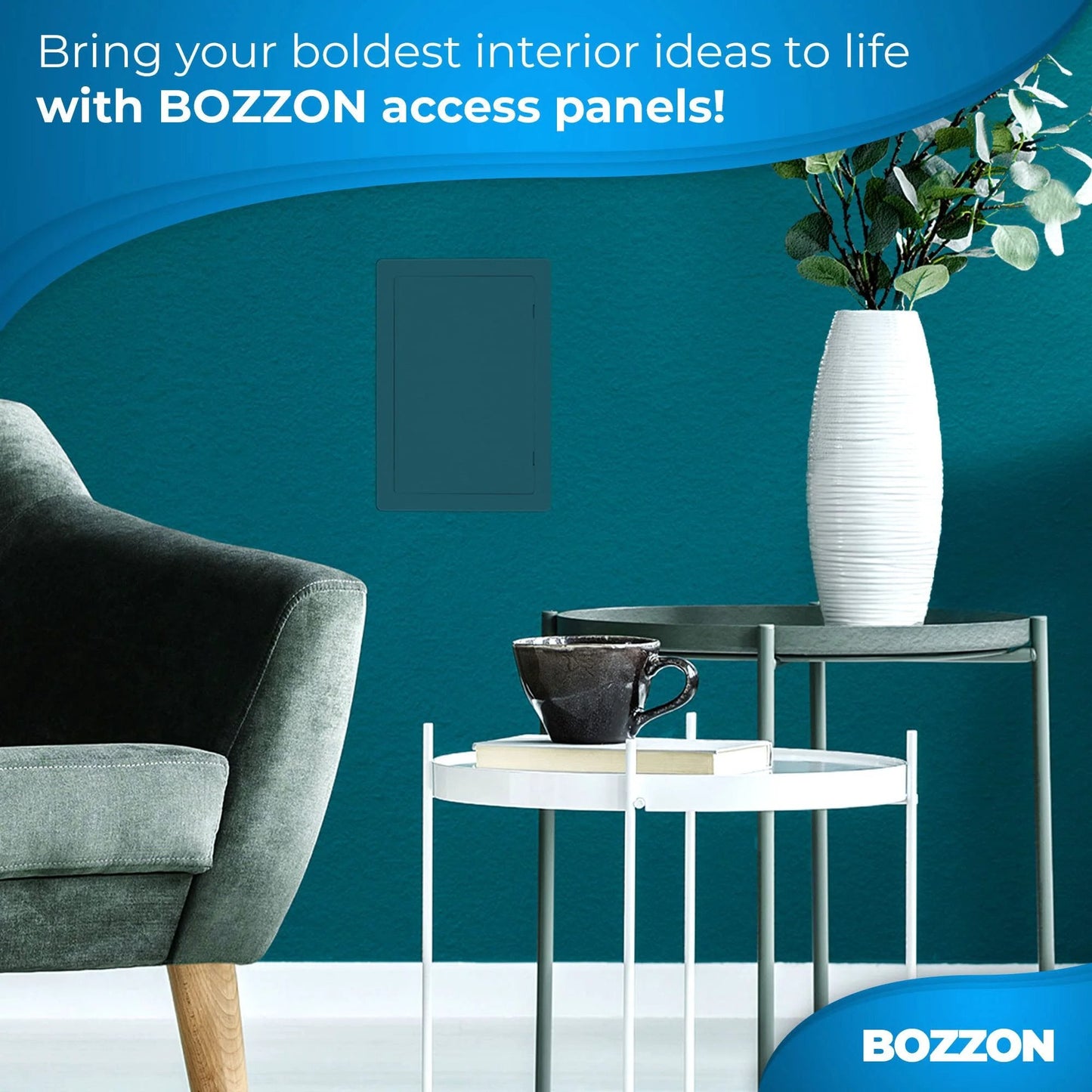 Insulated 6 By 9 Inch Drywall Access Panel Wall Hole Cover Door visible on a teal wall beside white tables and vase