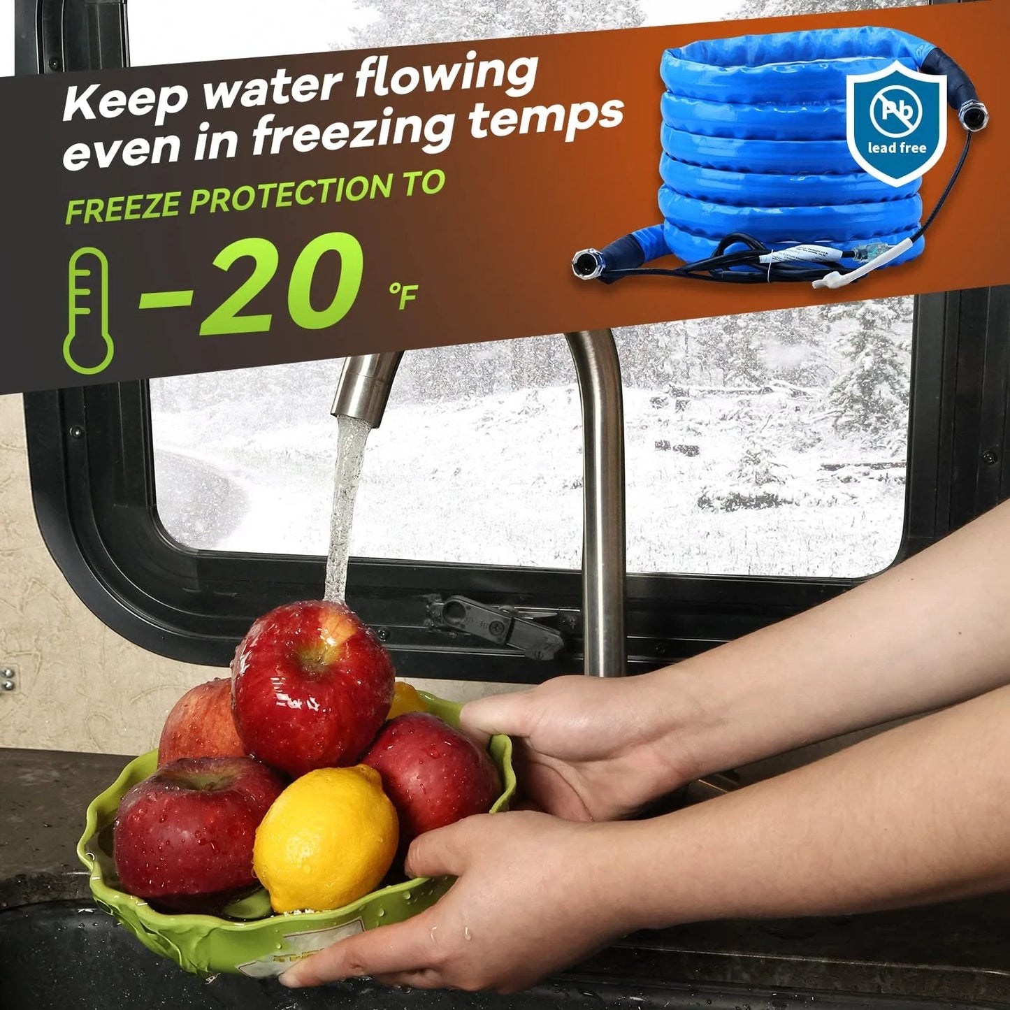 Heated Water Hose For RV 35Ft With Freeze Protection To Minus 20 Fahrenheit Energy Saving Thermostat And UL Listed Cable