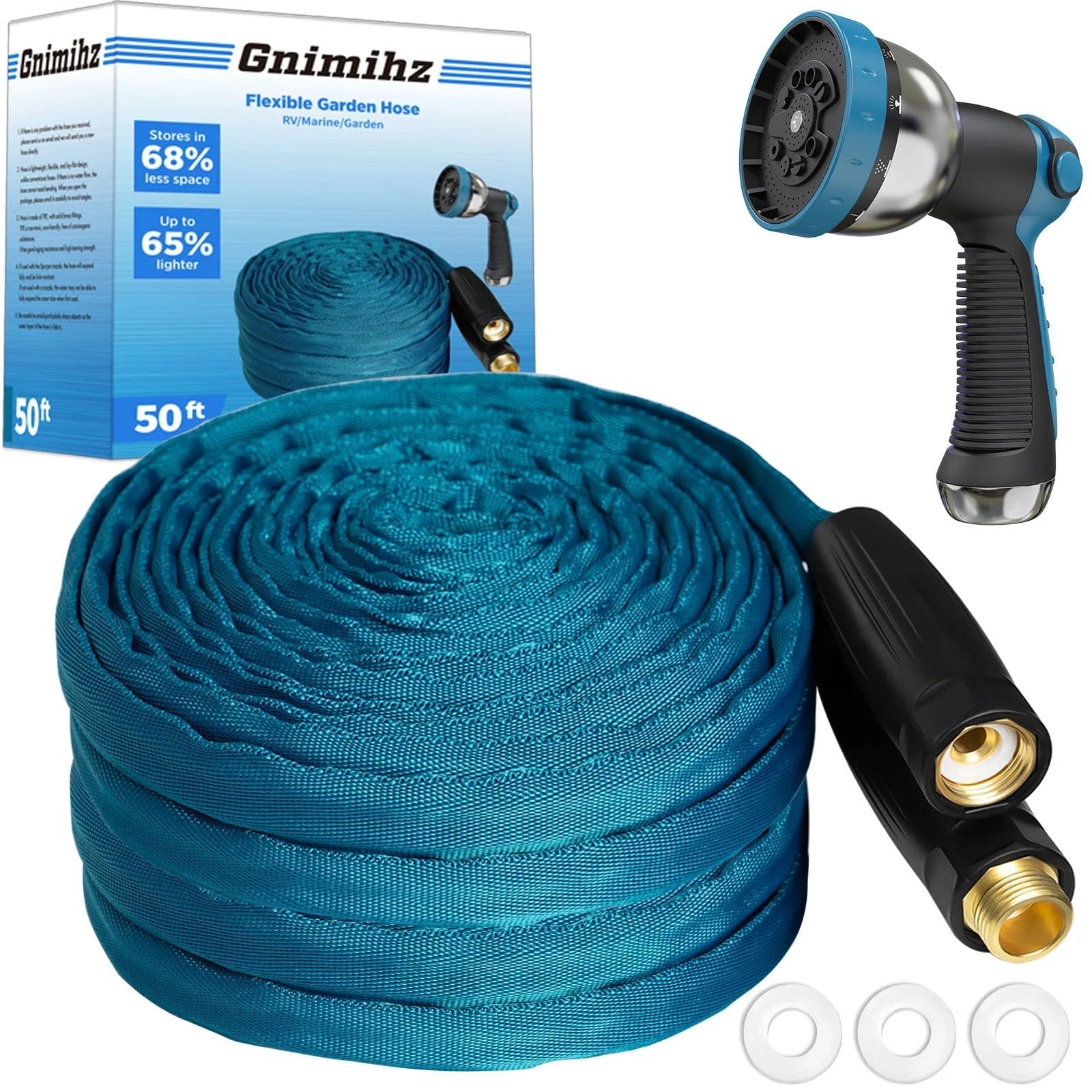 Ultra Light 50ft Garden Hose Made From TPE Not PVC, Sea Blue, coiled with spray nozzle and packaging, flexible and space-saving.