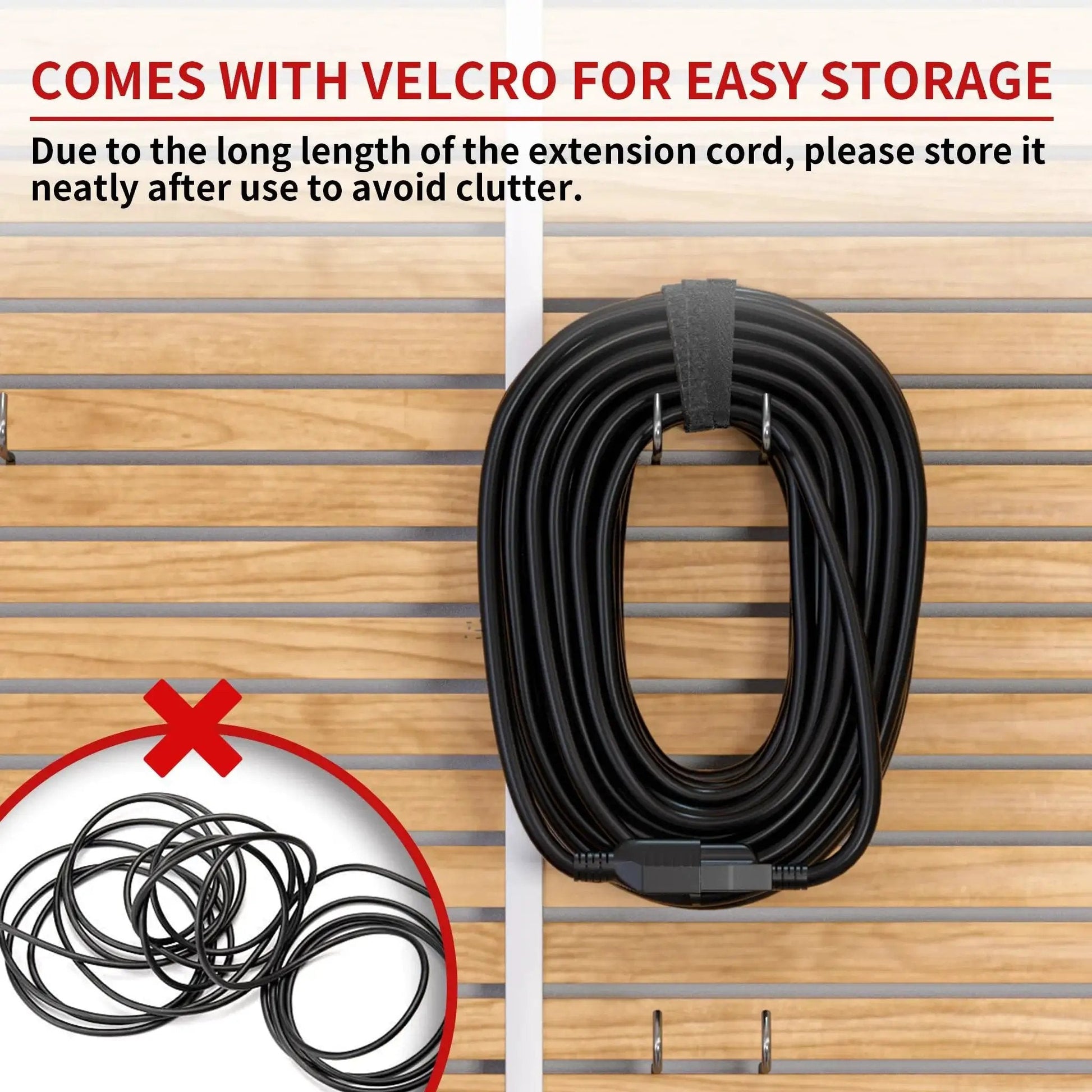 Outdoor 25 Ft Extension Cord 16 AWG SJTW 125V 13A Weatherproof ETL Listed stored with Velcro on wall